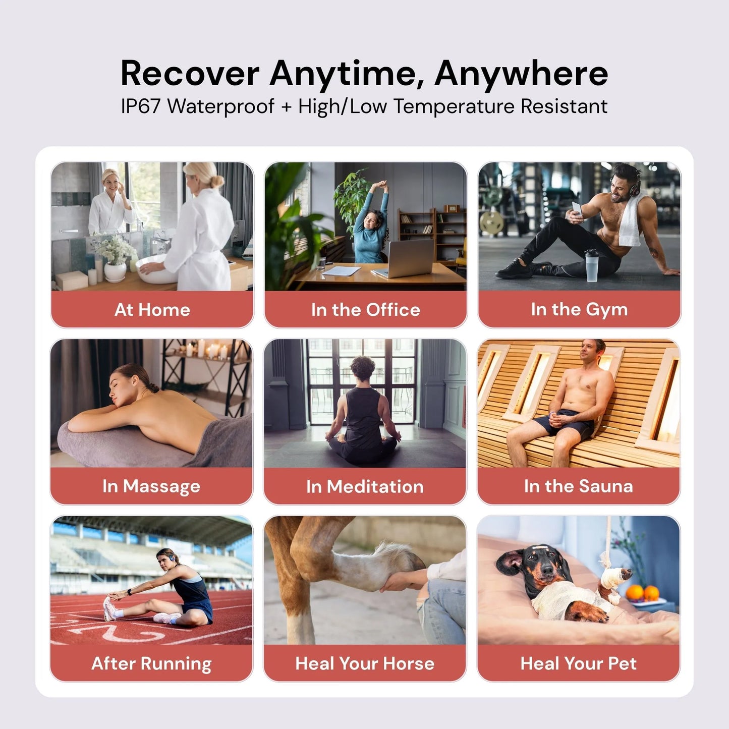 A grid of nine photos shows people and pets using the iReliev Body Pro Red Light and Infrared Therapy Wrap in settings like home, office, massage, meditation, sports, running recovery, sauna, and pet healing; text notes waterproof and temperature resistance.