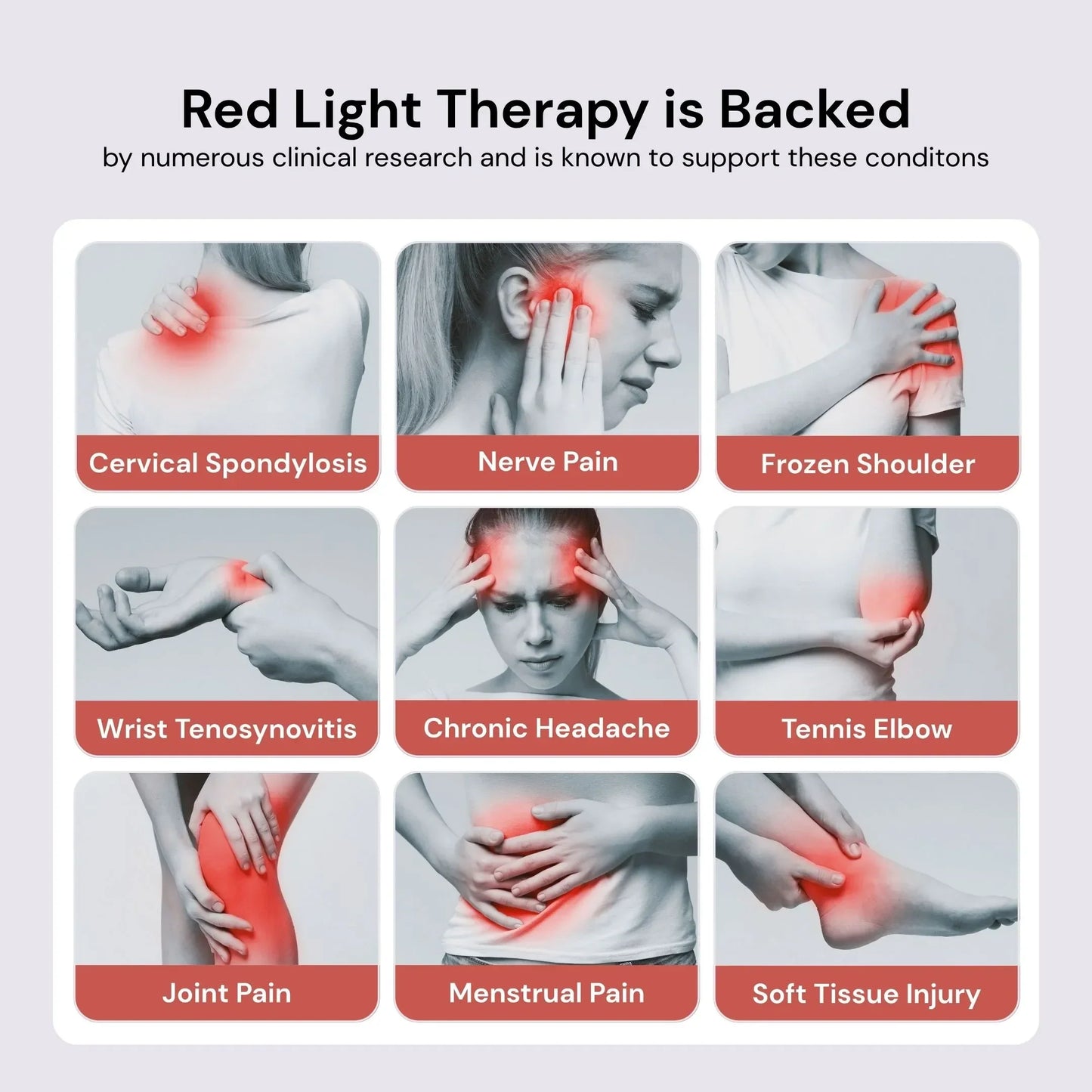 A 3x3 image grid shows people with red-highlighted pain areas like the neck, jaw, and knee, each labeled with conditions treatable by the iReliev Body Pro Red Light and Infrared Therapy Wrap, such as joint or nerve pain and sports injuries.