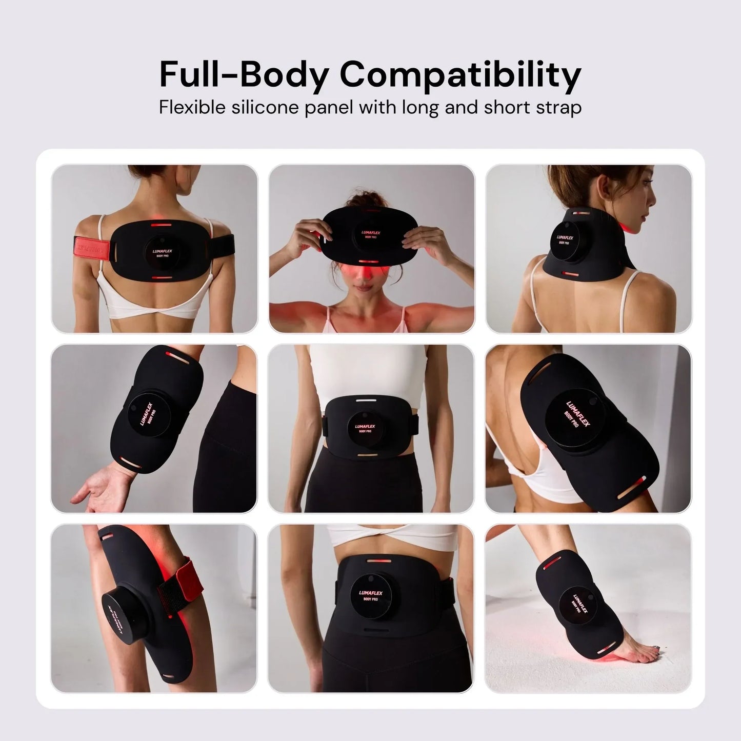 A woman demonstrates the iReliev Body Pro Red Light and Infrared Therapy Wrap on her shoulder, head, lower back, thigh, elbow, and knee. The text above says, "Full-Body Compatibility for Sports Performance.
