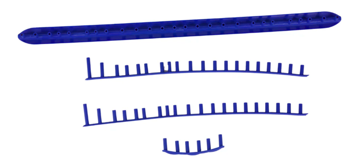 A long blue plastic bumper guard with holes sits above three descending blue curved pieces—each with vertical notches—like Diadem Sports Replacement Grommet parts, all displayed on a white background.