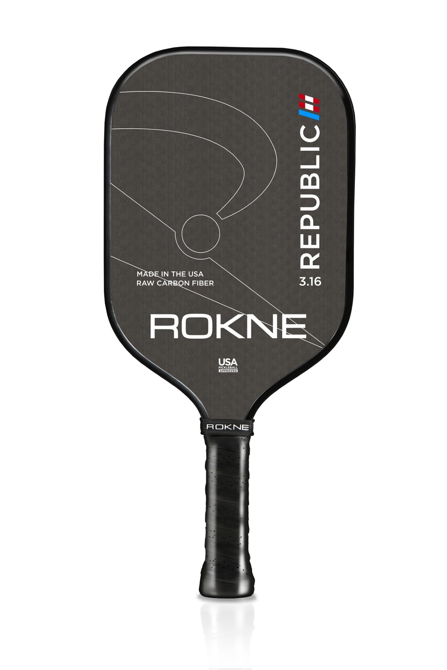 The ROKNE REPUBLIC 3.16 - RAW CARBON FIBER pickleball paddle features bold white “ROKNE” branding, “REPUBLIC” written vertically, a red, white, and blue logo above, POSIcore Construction, and “USA” near the black grip.