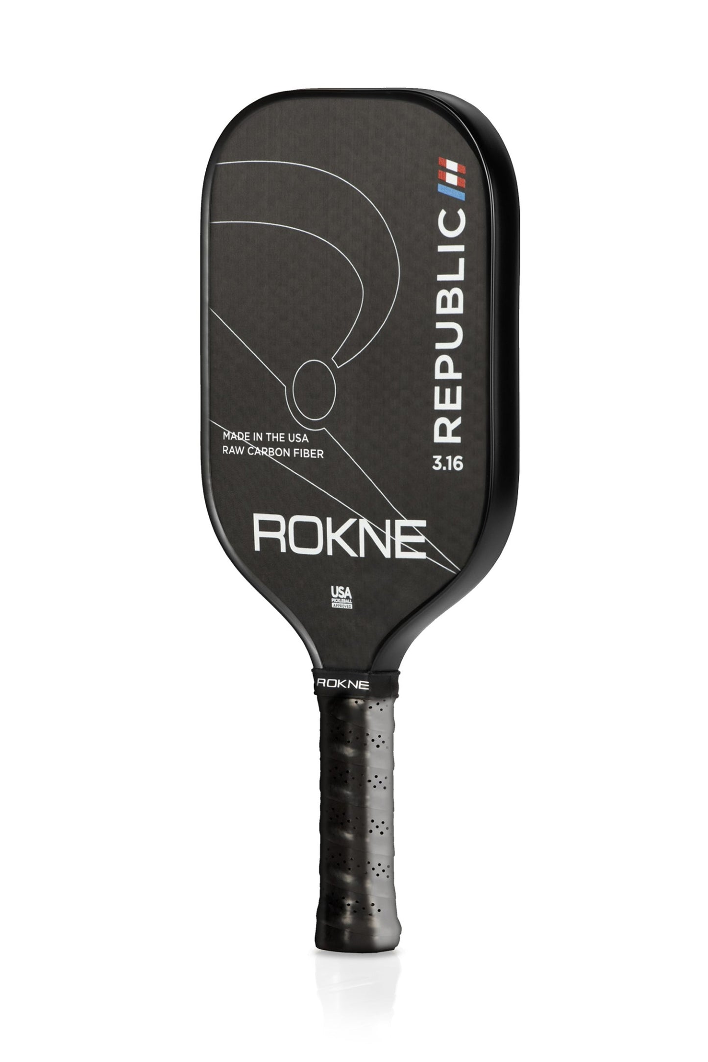The ROKNE REPUBLIC 3.16 - RAW CARBON FIBER pickleball paddle features a black raw carbon fiber face, minimalist white line art, "REPUBLIC" in white on the right, a blue-white-red logo above, and a textured black grip.