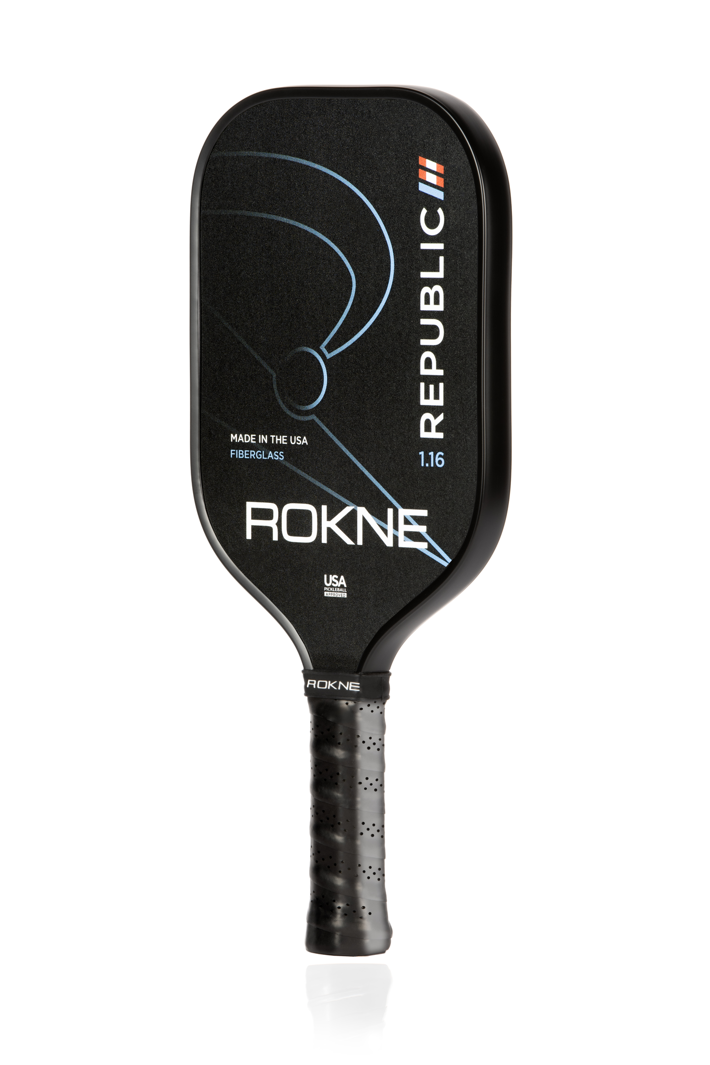 A black ROKNE REPUBLIC 1.16 - ISOTROPIC FIBERGLASS pickleball paddle stands upright on a white background, showcasing blue curved lines, white “REPUBLIC” and “ROKNE” text, a textured surface, and advanced POSIcore Construction.