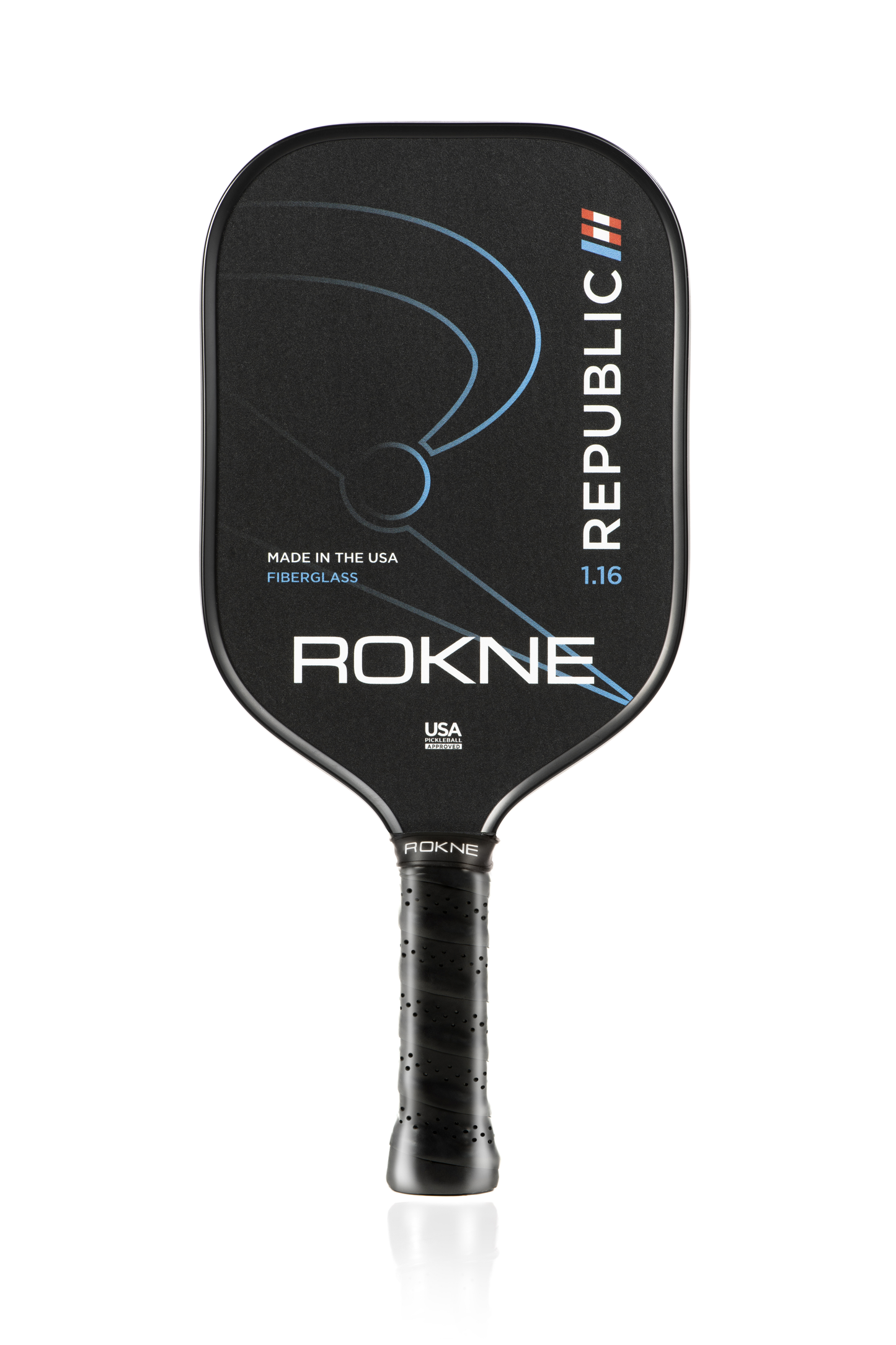 The ROKNE REPUBLIC 1.16 - ISOTROPIC FIBERGLASS paddle features a black, textured handle and a minimalist blue and white design. Made in the USA with POSIcore Construction for optimal performance; labeled “REPUBLIC” and “ROKNE.”.