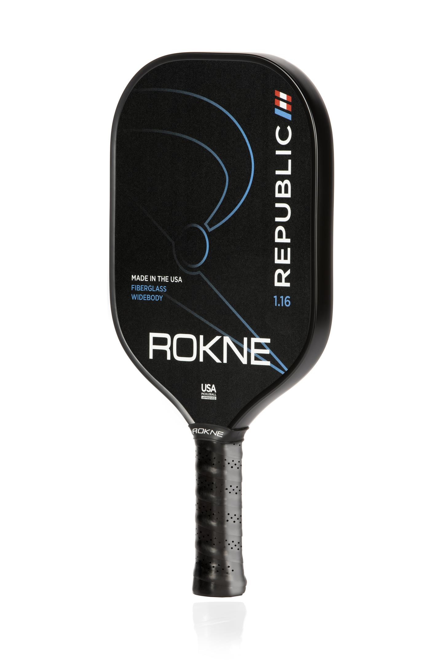 A black ROKNE REPUBLIC 1.16 - ISOTROPIC FIBERGLASS pickleball paddle stands upright on a white background, with blue and white accents, textured grip, and labels reading “REPUBLIC,” “MADE IN THE USA,” and “FIBERGLASS.”.