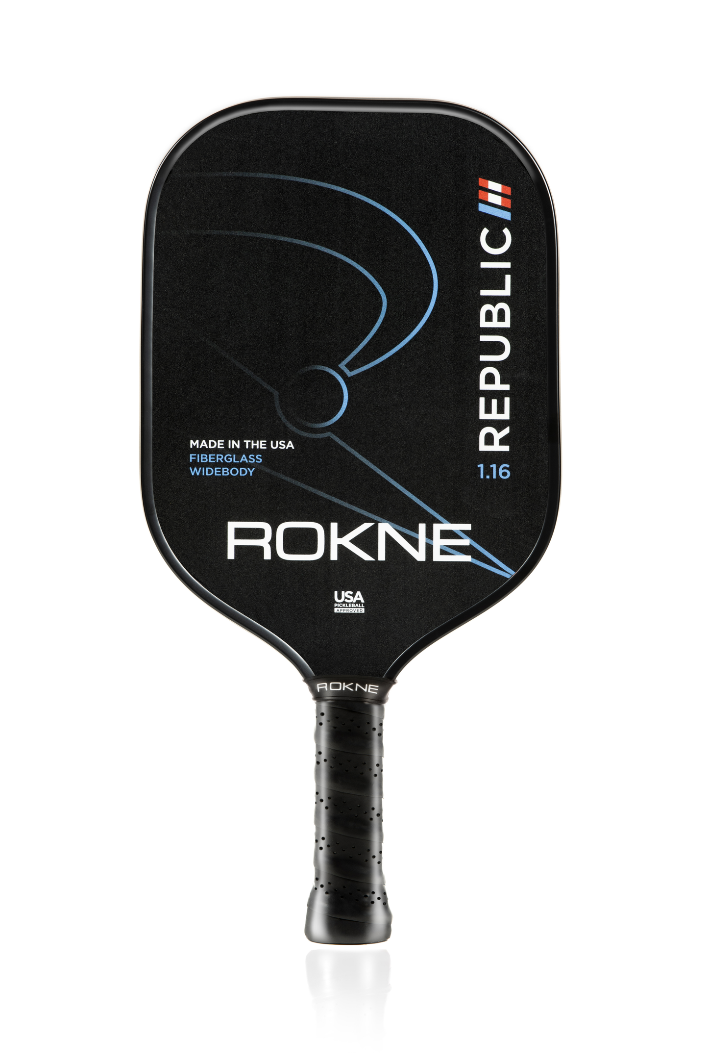 The ROKNE REPUBLIC 1.16 - ISOTROPIC FIBERGLASS pickleball paddle features a black body with a blue abstract design, POSIcore Construction, Structured-Cell Technology, widebody shape, textured black grip, and the USA Pickleball logo.