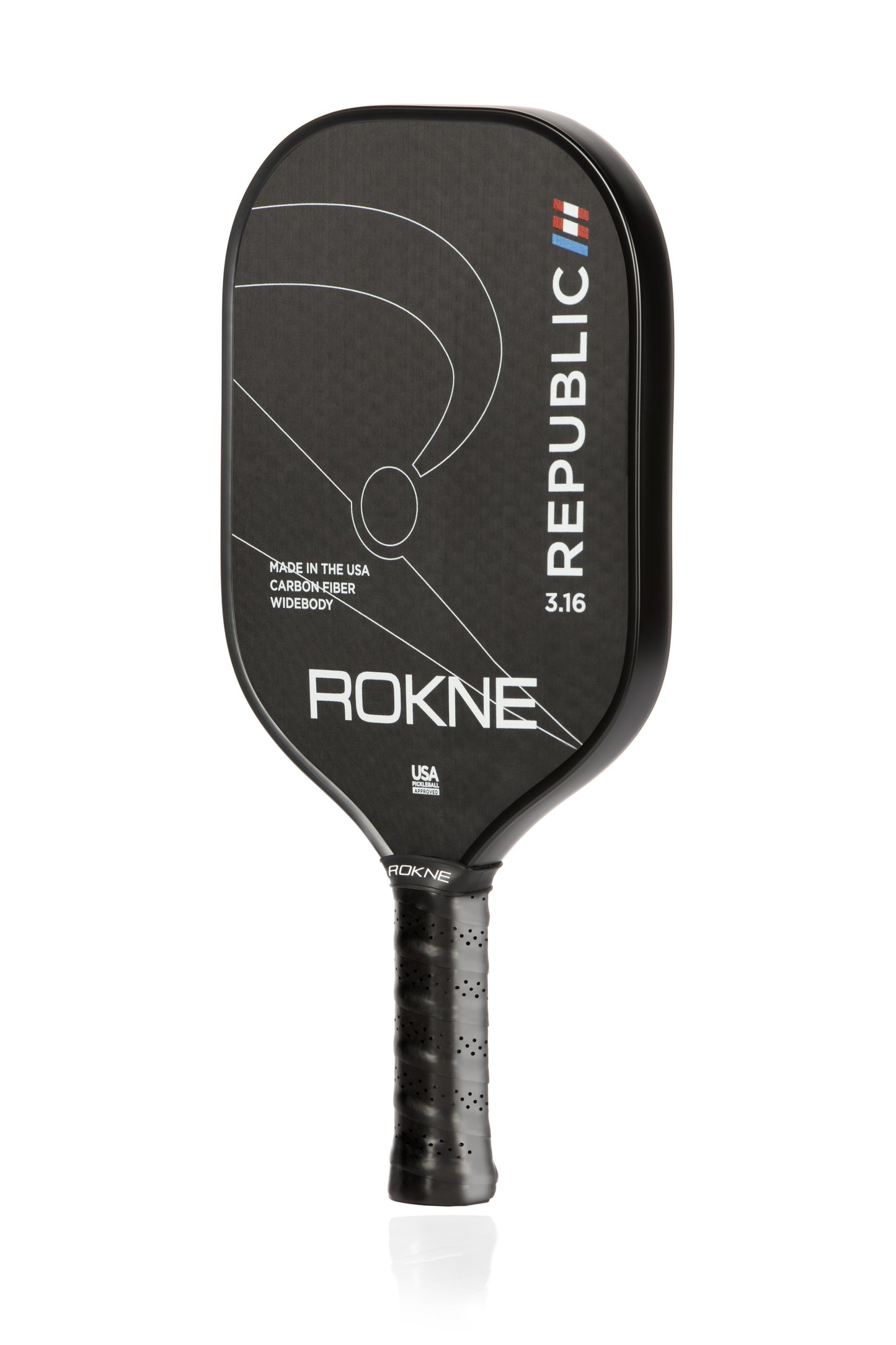 The REPUBLIC 3.16 - RAW CARBON FIBER paddle by ROKNE features a black raw carbon fiber face, “REPUBLIC” in white, three colored bars, “ROKNE” at the bottom, subtle line details, POSIcore Construction, textured grip, and USA-made text.