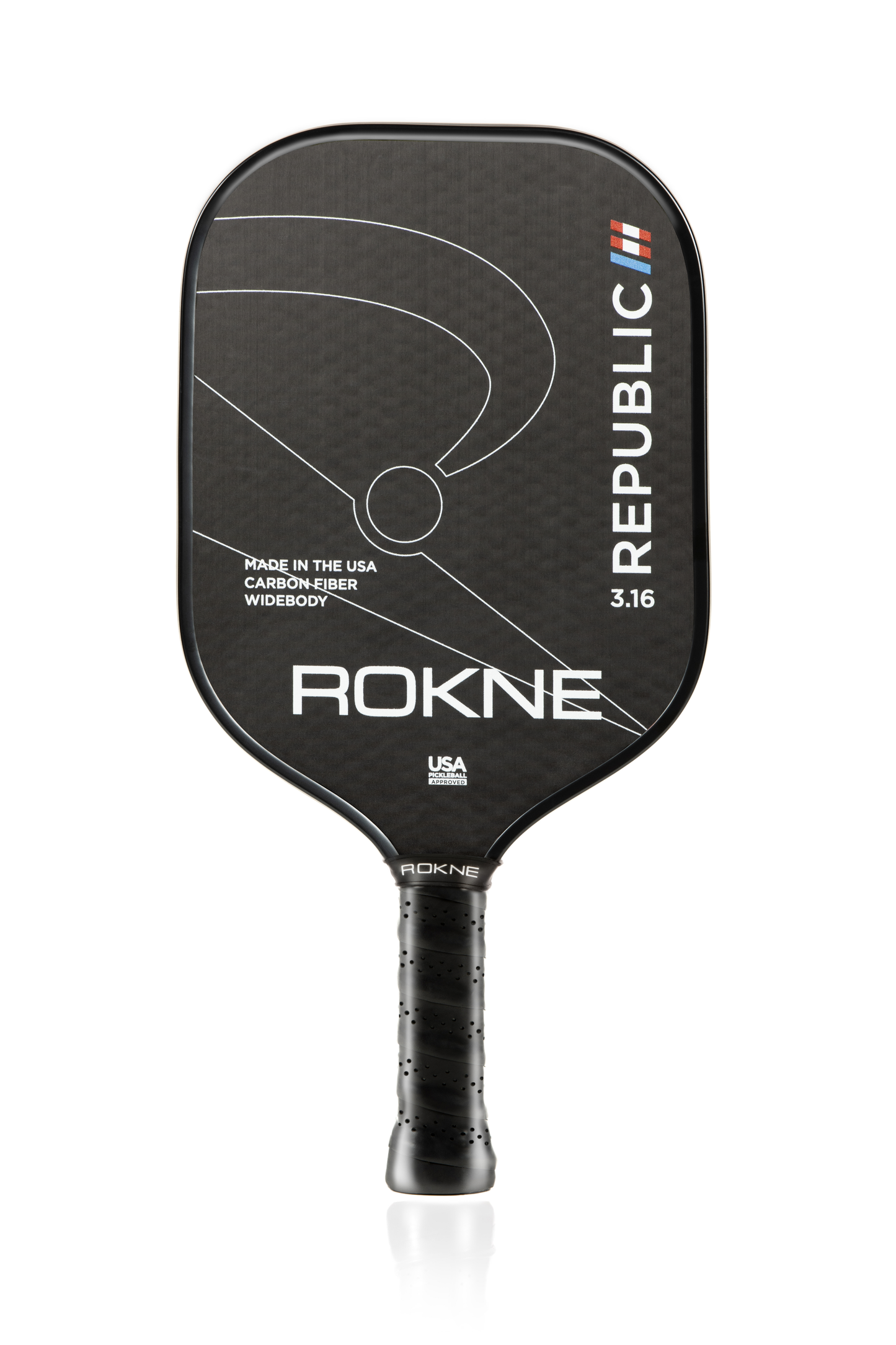 The ROKNE REPUBLIC 3.16 - RAW CARBON FIBER pickleball paddle is black with white graphics, branding, and POSIcore Construction. It features a widebody face, textured handle with black grip, and is made in the USA and USA Pickleball Approved.