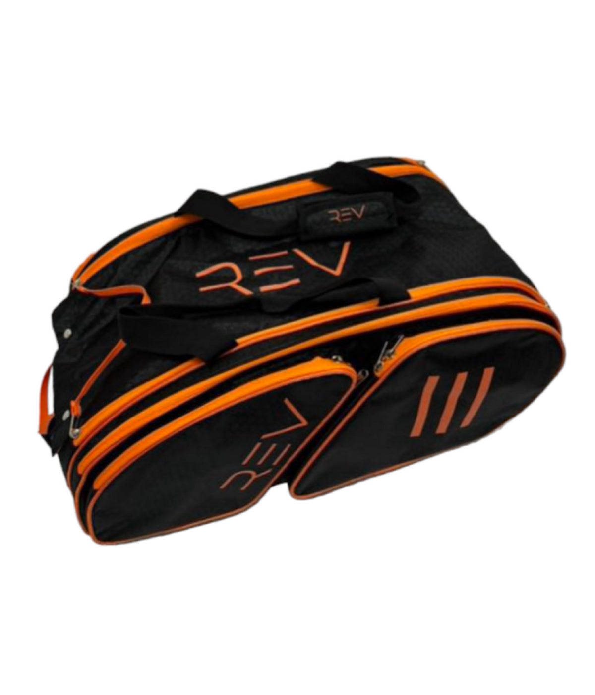 The REV Pickleball PRO Player Pickleball Bag is a black duffle with orange accents and bold "REV" branding. It offers insulated paddle compartments, multiple zippered pockets, and dual top handles—perfect for carrying your pickleball gear.