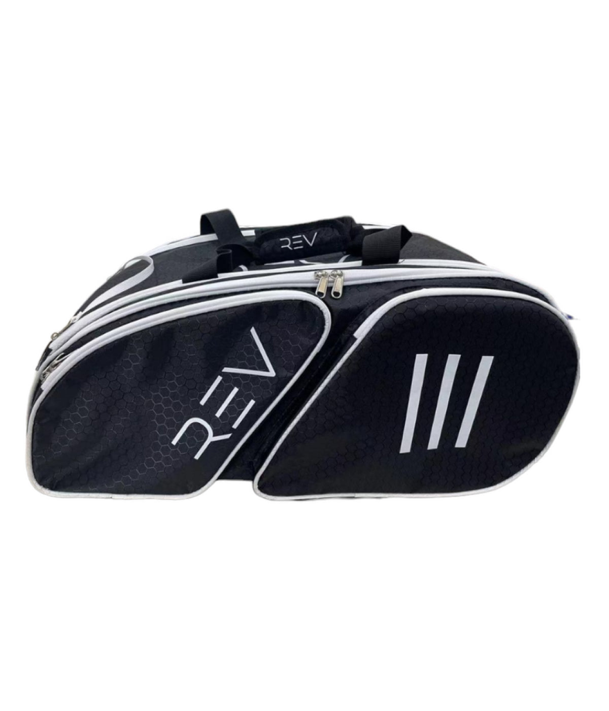The REV Pickleball PRO Player Pickleball Bag, shown on a white background, is black with white trim and three diagonal stripes. It features bold “REV” branding, zippered insulated paddle compartments, and a top carrying handle. Perfect for pickleball players.