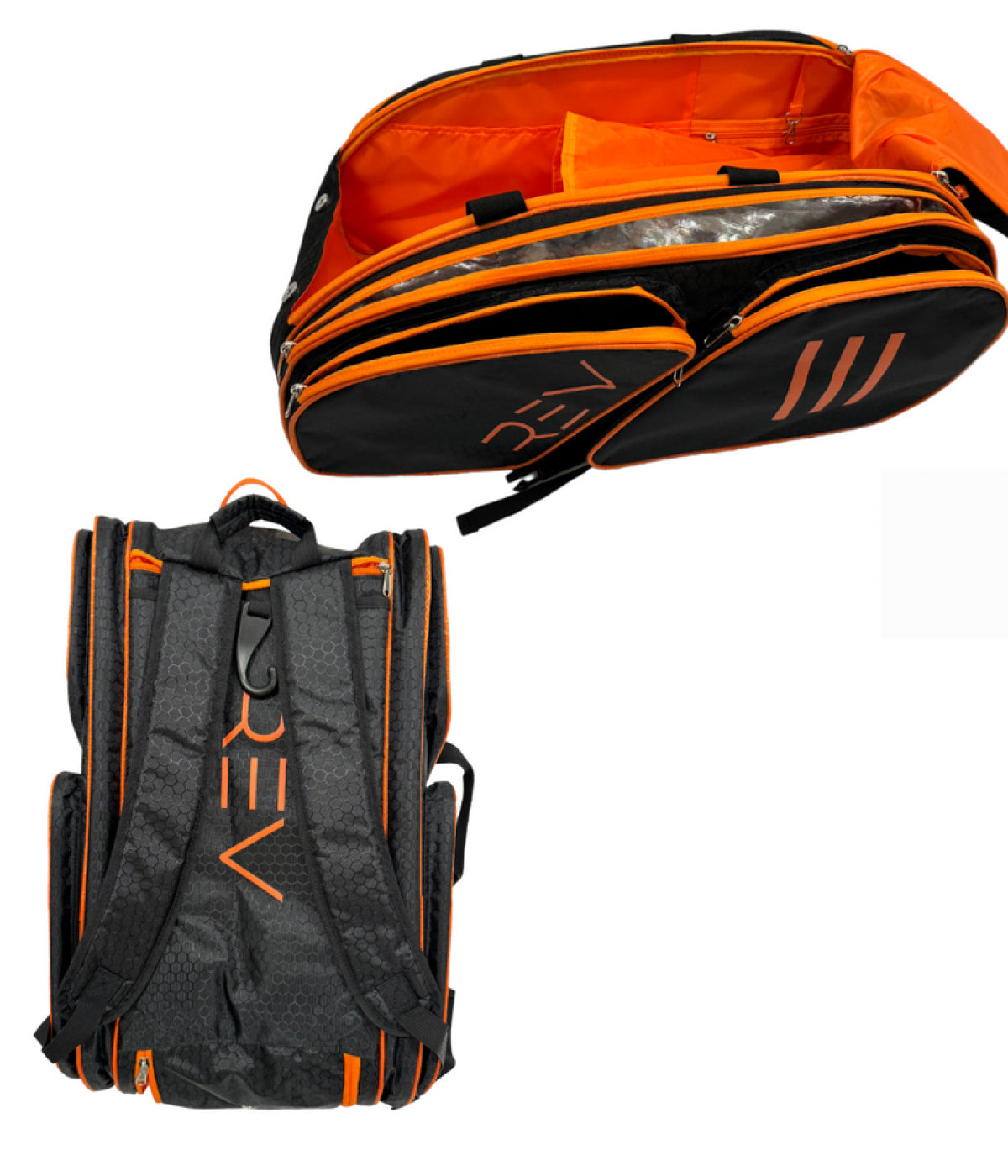 Two views of the PRO Player Pickleball Bag by REV Pickleball: the top view shows roomy zippered and insulated paddle compartments; the bottom reveals padded backpack straps, orange piping, and “REV” in orange on the back panel.