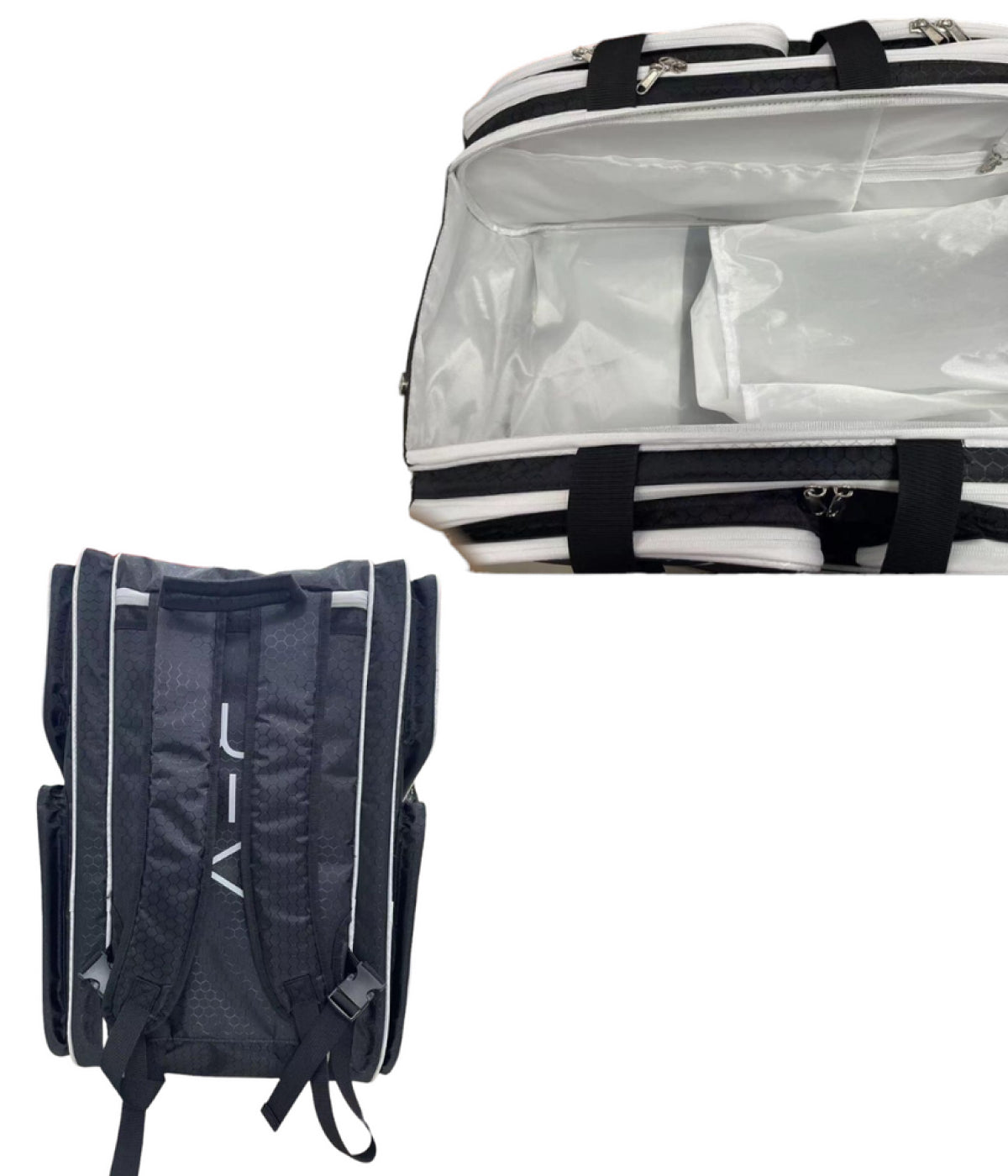 Two views of the REV Pickleball PRO Player Pickleball Bag: the top shows an open main compartment and insulated paddle pockets; the back reveals padded shoulder straps, adjustable chest/waist straps, and a textured panel for comfort.