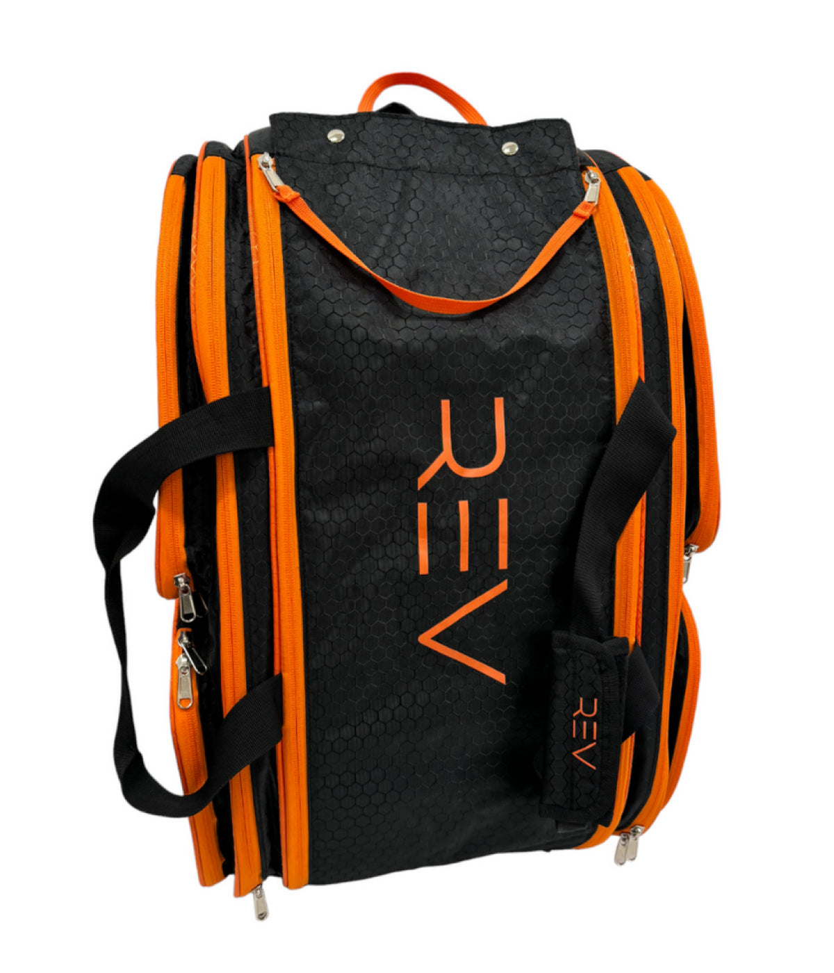 The Pro Pack by REV Pickleball is a black duffel bag with a textured pattern, bold orange zippers and accents, “REV” printed vertically in large orange letters, multiple compartments, handles, and an adjustable padded shoulder strap.