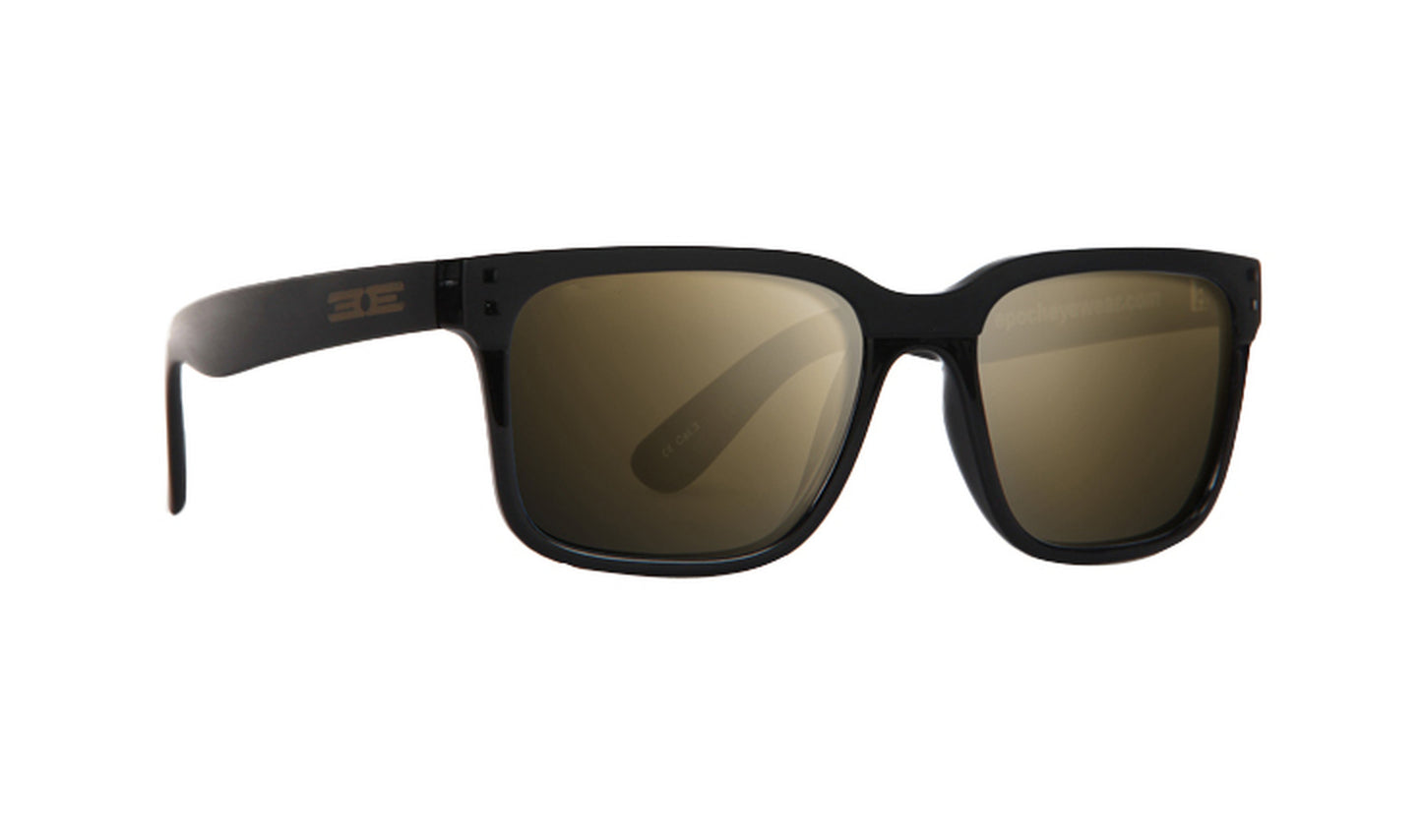 Epoch Eyewear's Romeo sunglasses are rectangular, black full-frame shades with a matte finish and dark brown tinted lenses. The left temple arm features a metallic silver "3E" logo for a simple, modern look ideal for travel.