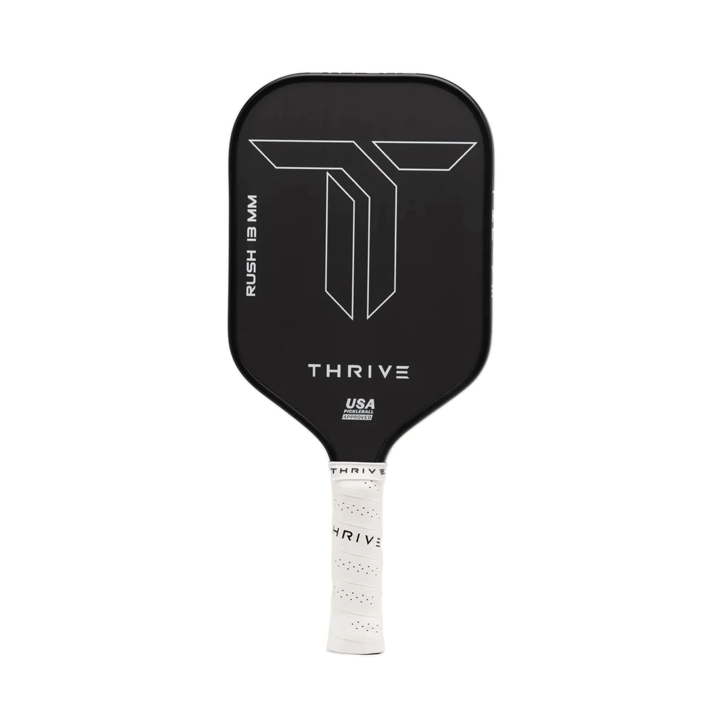 A black Thrive Pickleball RUSH 13 paddle features a white T logo, "THRIVE," and "RUSH 13MM" on the side, TORAY T700 carbon fiber, white THRIVE grip tape, is USA Pickleball certified, and includes weight card, cover, eraser, and lead weights.