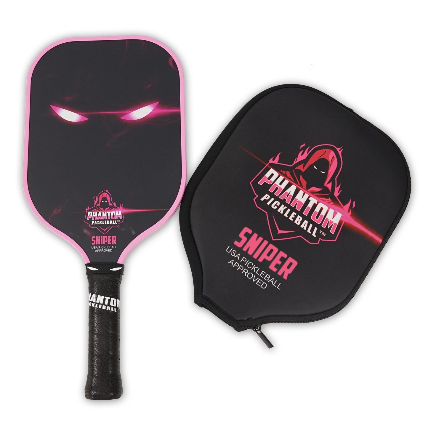 The PHANTOM SNIPER 13MM T800 Carbon Fiber Pro Paddle by Phantom Pickleball features pink accents, glowing pink eyes, "Phantom Pickleball Sniper" text, and comes with a matching zippered cover with logo and bold "Sniper" lettering.
