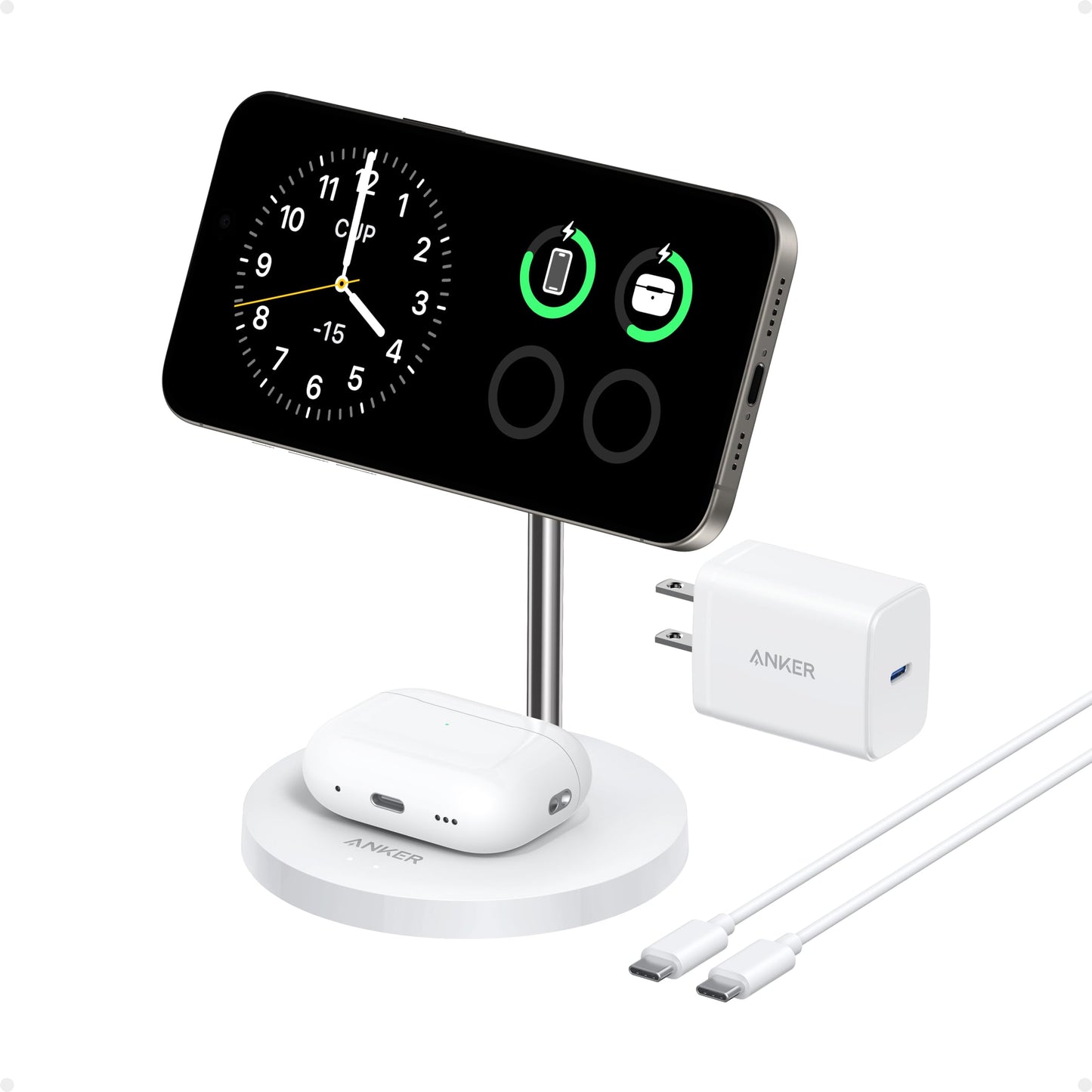 A white Anker MagGo Wireless Charger (2-in-1 Stand) BOA with a phone displaying a clock and charging icons, and an earbuds case on the base. Includes USB-C cable and 15W fast charger. Brand: Anker.