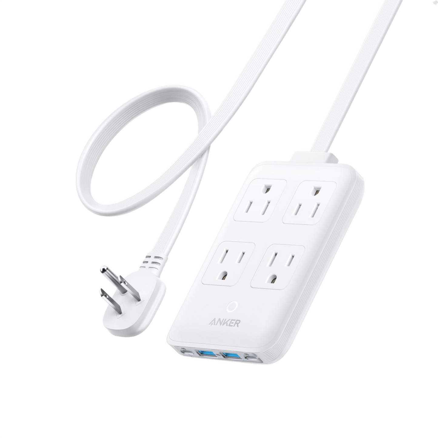 The Anker Charging Station (8-in-1, 20W) is a white portable power strip with four AC outlets, a flat plug, three USB ports on one end, and a long coiled cord. It’s shown against a plain light gray background.