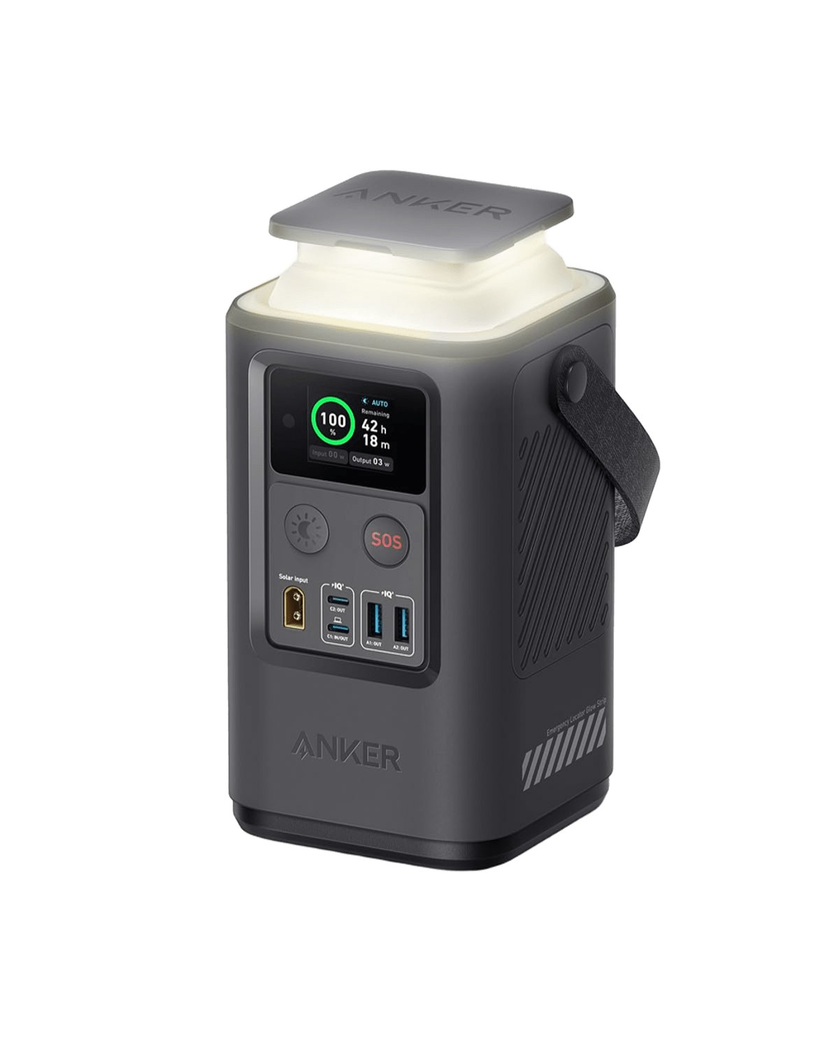The Anker 548 Power Bank (PowerCore Reserve 192Wh) is a portable power station with a handle, digital display, top light, USB/AC/car ports, solar charging support, and battery status on its compact gray-black body—ideal for emergency power needs.