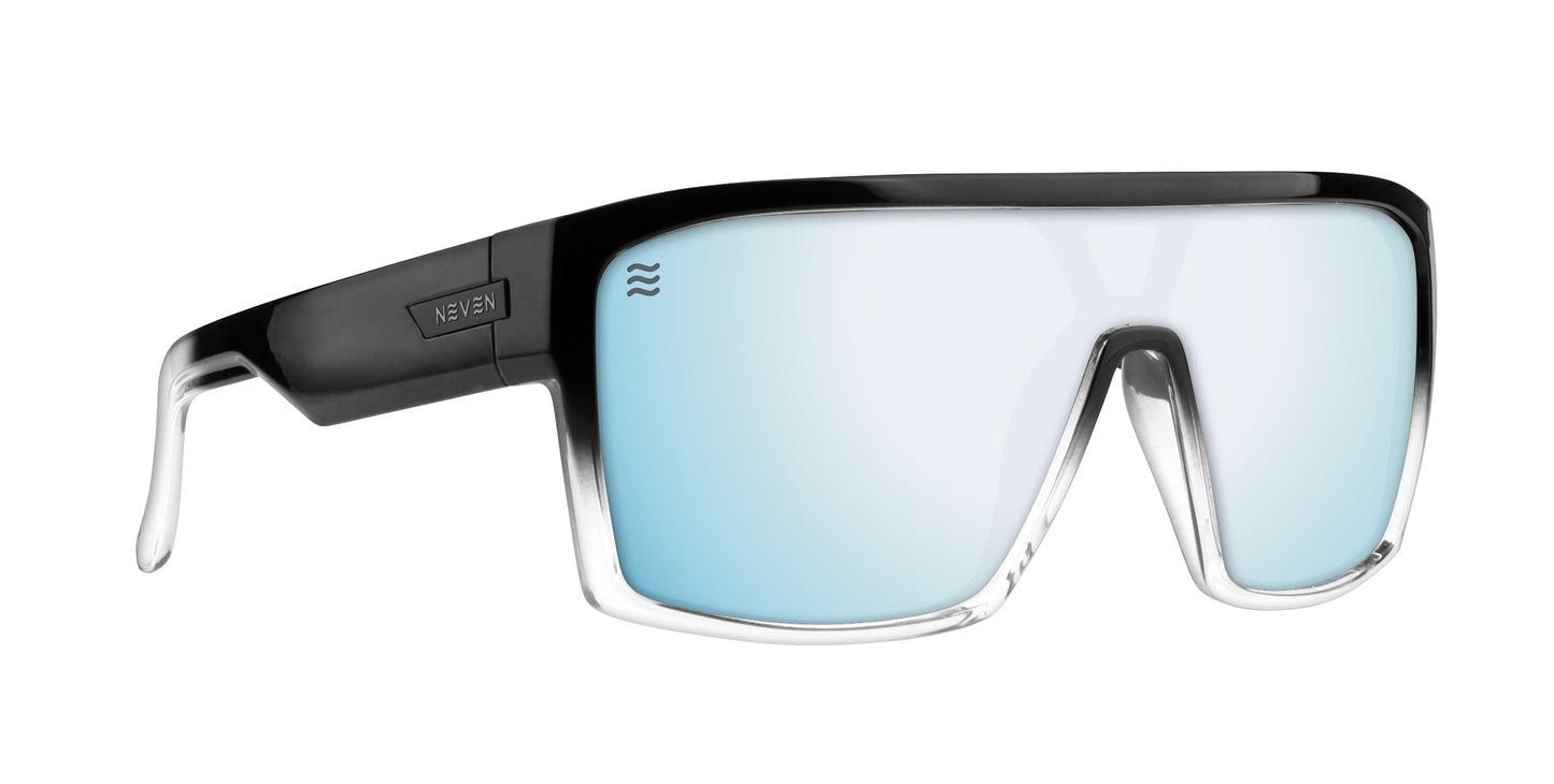 The Inlet by Neven Eyewear features thick black-to-clear frames and a wide, mirrored polarized UV400 lens with a light blue tint. A subtle NEVEN plaque accents the left temple—ideal sunglasses for bright days on the water.