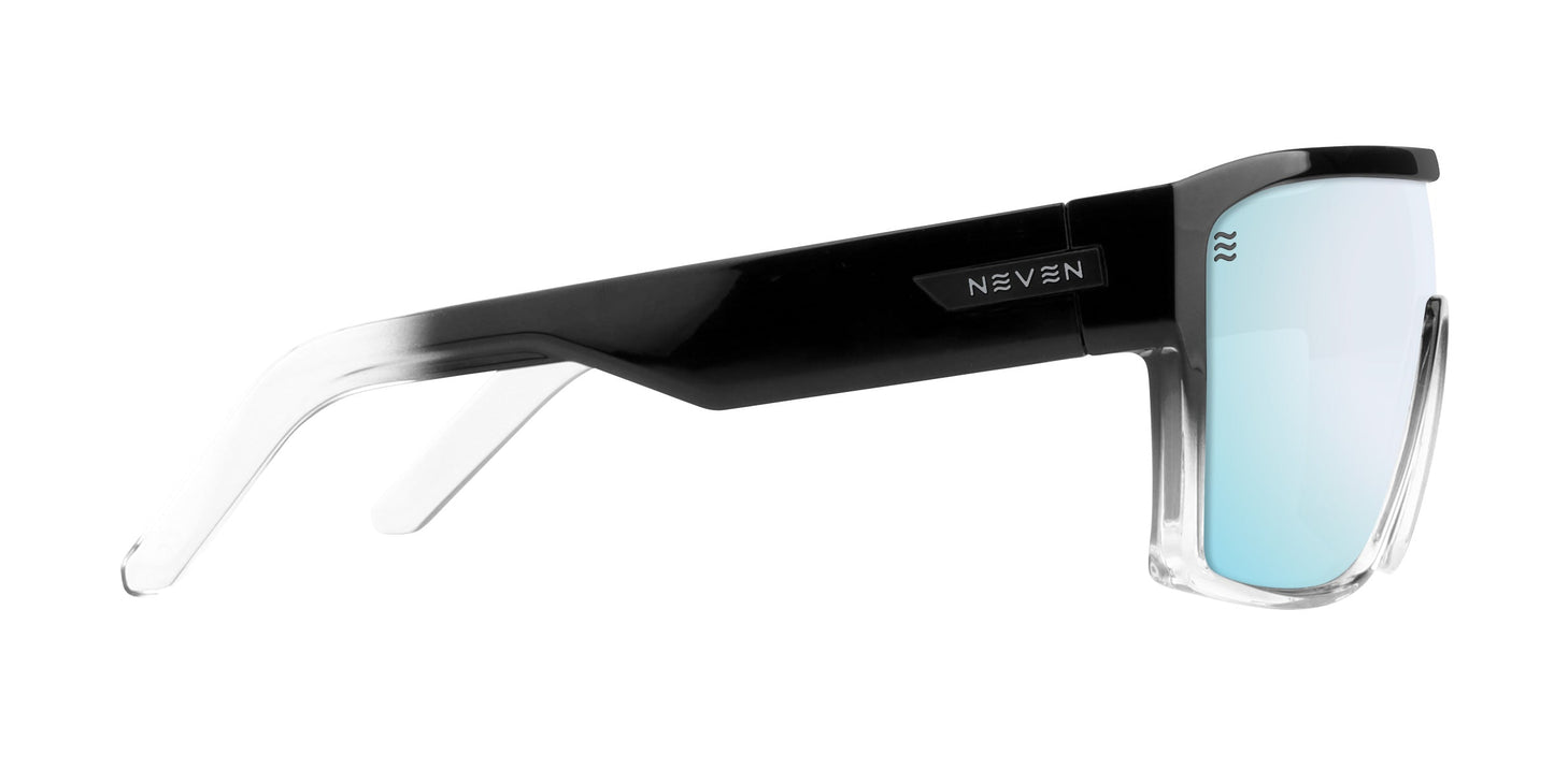Side view of the Inlet by Neven Eyewear: modern surf sunglasses with black-to-clear frames, polarized UV400 protection, and lightly tinted blue lenses—ideal for bright, coastal days.