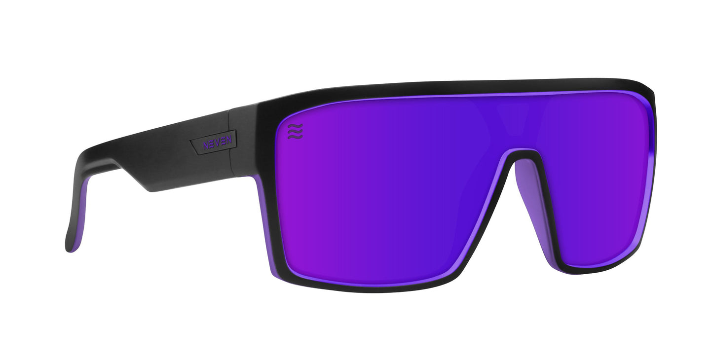 The Paradise by Neven Eyewear features futuristic polarized UV400 sunglasses with a bold black frame, large single-piece purple lenses, and a thick, angular design with logoed arms—perfect for modern, sporty style on Paradise Beach.