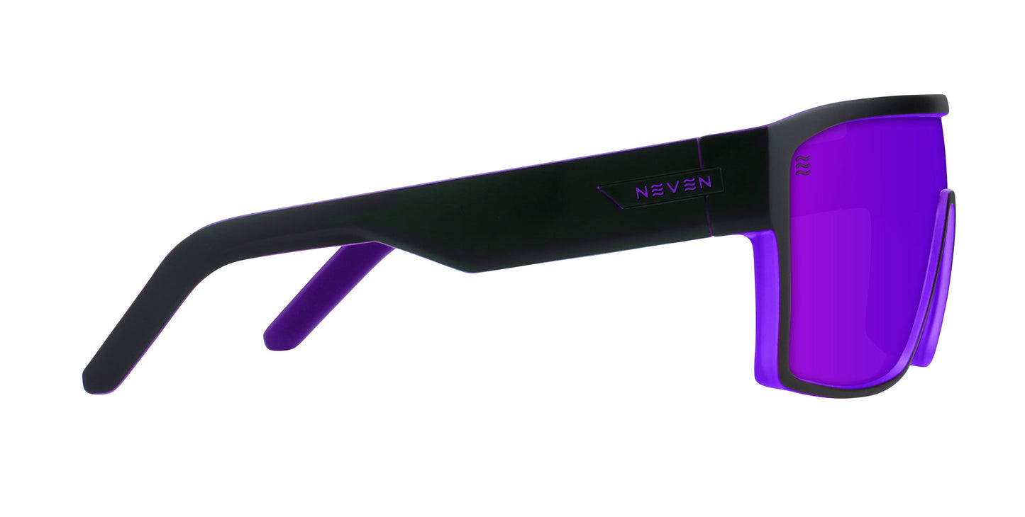 Paradise by Neven Eyewear—sleek wraparound sunglasses with thick black frames and large, curved, purple-tinted polarized lenses. Matte finish and sporty NEVEN branding make them ideal for Paradise Beach or surfing competitions.