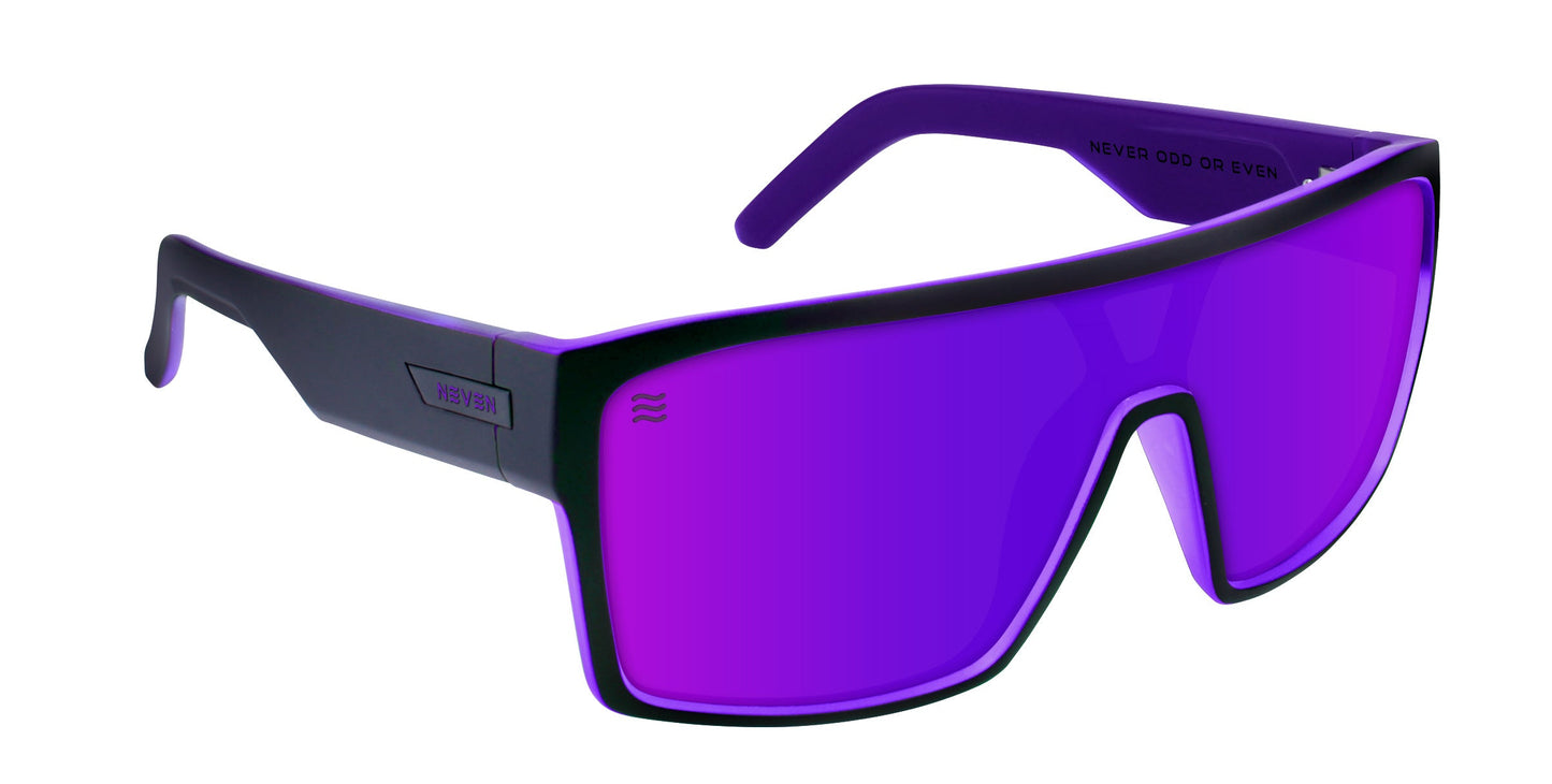 Paradise by Neven Eyewear: Futuristic rectangular polarized sunglasses with bold black frames and vivid purple lenses. Ideal for surfing at Paradise Beach, the wide temples have "NEVER ODD OR EVEN" printed inside for a modern touch.