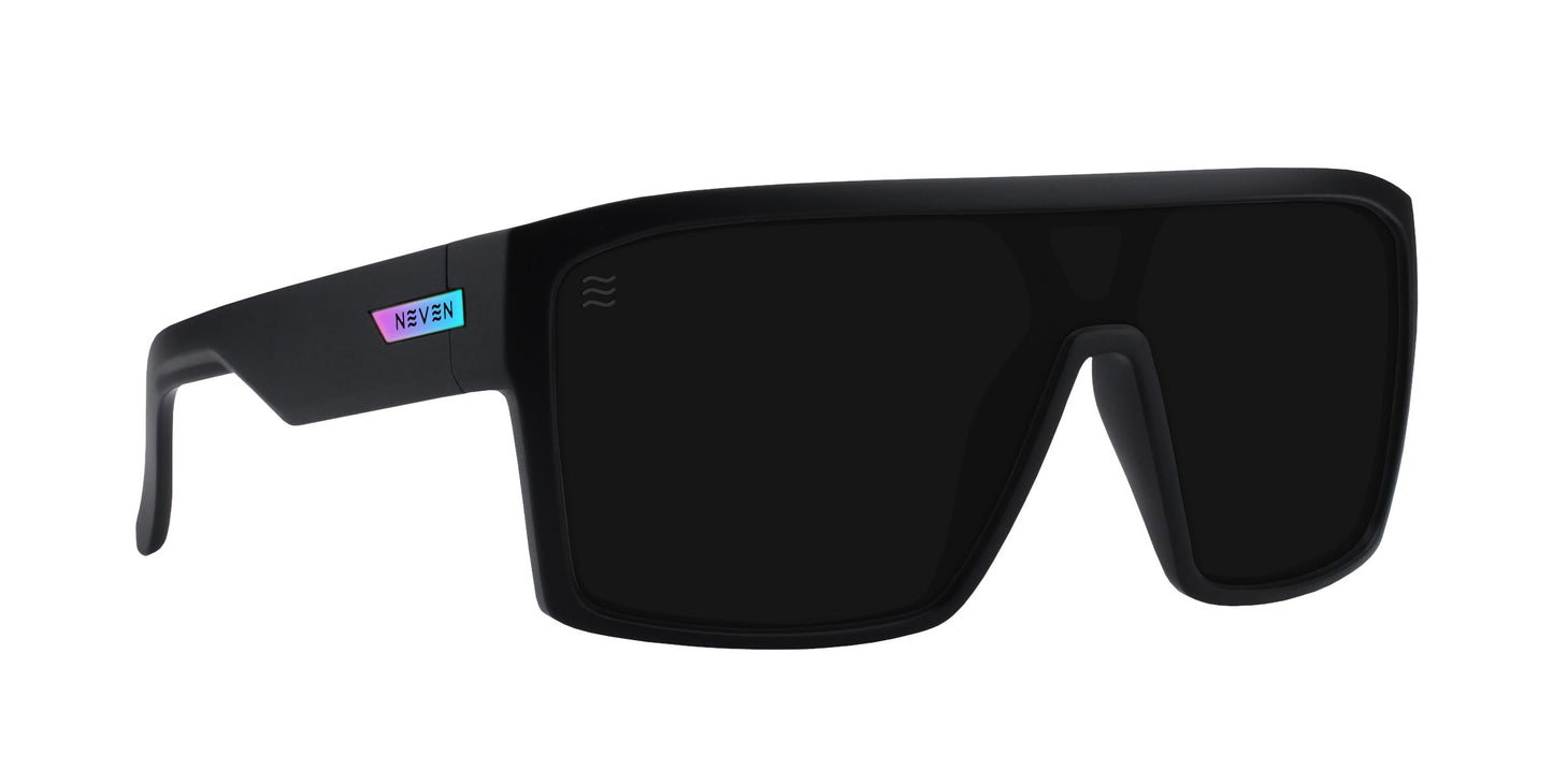 Neven Eyewear's RC's are oversized black polarized sunglasses with wide frames, large rectangular lenses, a colorful REVEN label on the left temple, sporty modern design, and UV400 eye protection.