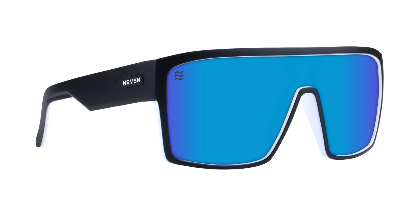 Spanish House by Neven Eyewear: Sporty, oversized polarized UV400 sunglasses with a thick black frame and single blue mirrored lens. Features a silver NEVEN logo on the left arm and a wavy graphic near the top left of the lens.