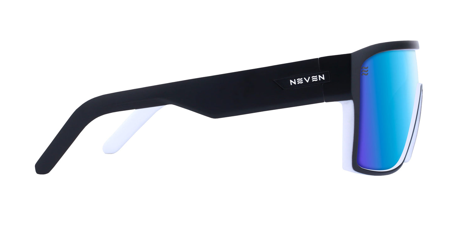 A pair of sporty, wraparound Neven Eyewear Spanish House sunglasses with thick black frames and blue-mirrored polarized UV400 lenses—ideal for Space Coast surf sessions. "Neven" is printed in white on the arm near the hinge.