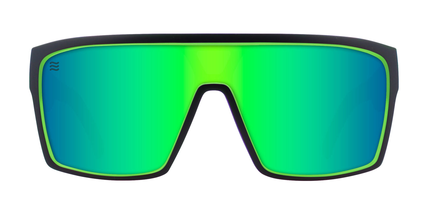 Tables by Neven Eyewear: Futuristic, oversized polarized UV400 sunglasses with a single flat reflective green lens, thick black frame, thin green outline, and curved rectangular shape—surf-inspired by Picnic Tables Beach champions.
