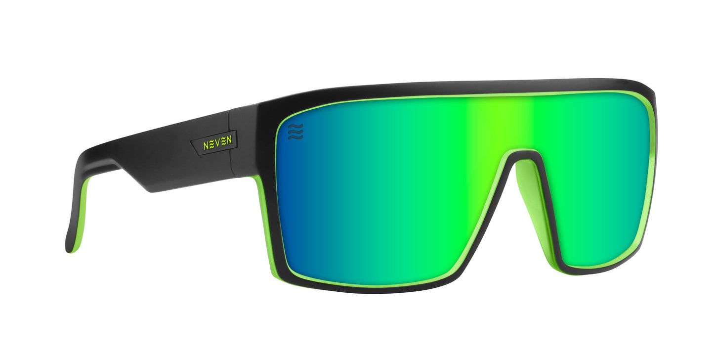 Tables by Neven Eyewear are angular, futuristic sunglasses featuring a bold flat-top black frame and wide green-mirrored polarized UV400 lenses. Thick arms with green accents and the NEVEN logo complete the surfing champion style.