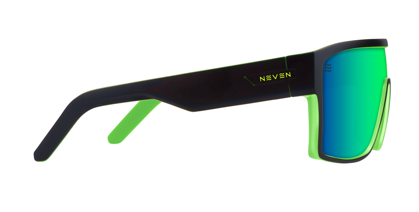 Side view of Neven Eyewear’s Tables sunglasses: sporty black frame, neon green arm accents, mirrored green polarized UV400 lenses, and yellow NEVEN branding. Ideal for surfing champions seeking style and protection at Picnic Tables Beach.