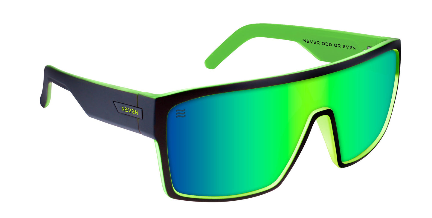 Black and neon green "Tables" sunglasses by Neven Eyewear feature a large, single green mirrored lens with polarized UV400 protection. "NEVER ODD OR EVEN" is inside the right arm—perfect for surfers or relaxing at Picnic Tables Beach.