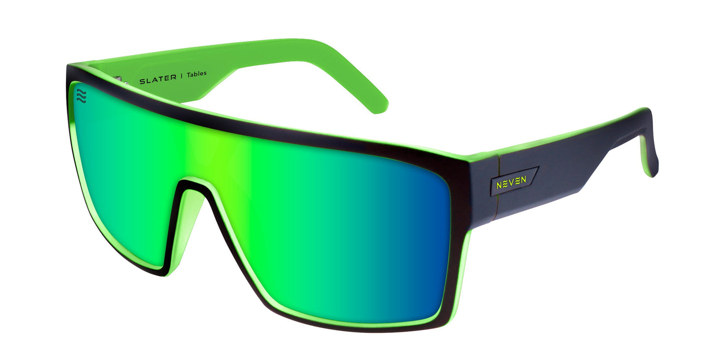 Oversized, wraparound “Tables” sunglasses by Neven Eyewear feature a black and neon green frame, shiny reflective green-blue polarized UV400 lenses, and thick neon green arms with “NEVEN” printed—perfect for the beach or surf champions.