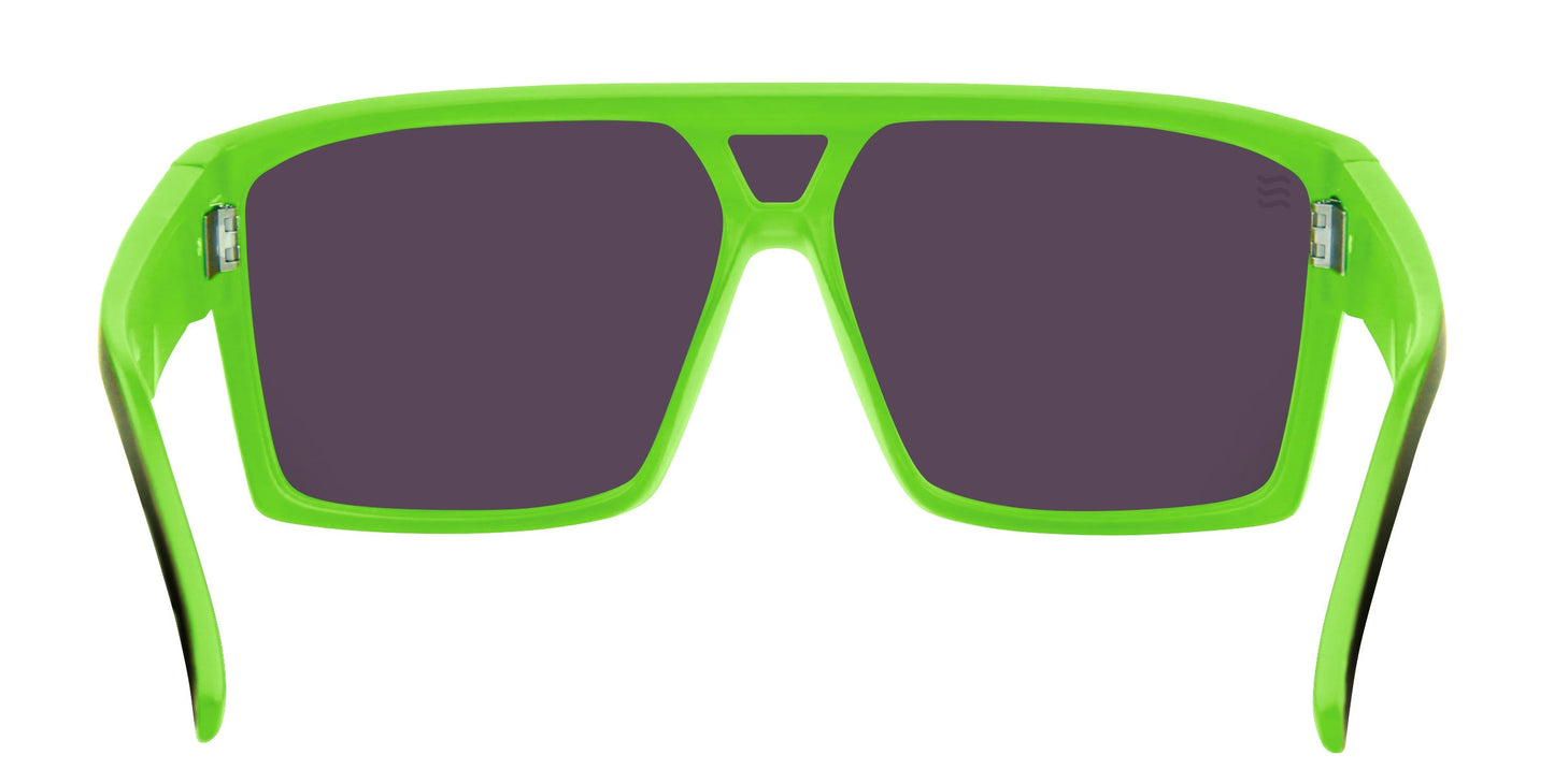 Neven Eyewear's Tables sunglasses feature bright neon green polarized UV400 lenses, a bold thick plastic frame, and large rectangular dark lenses—ideal for surfers or relaxing by the beach. Sporty, modern style meets everyday adventure.