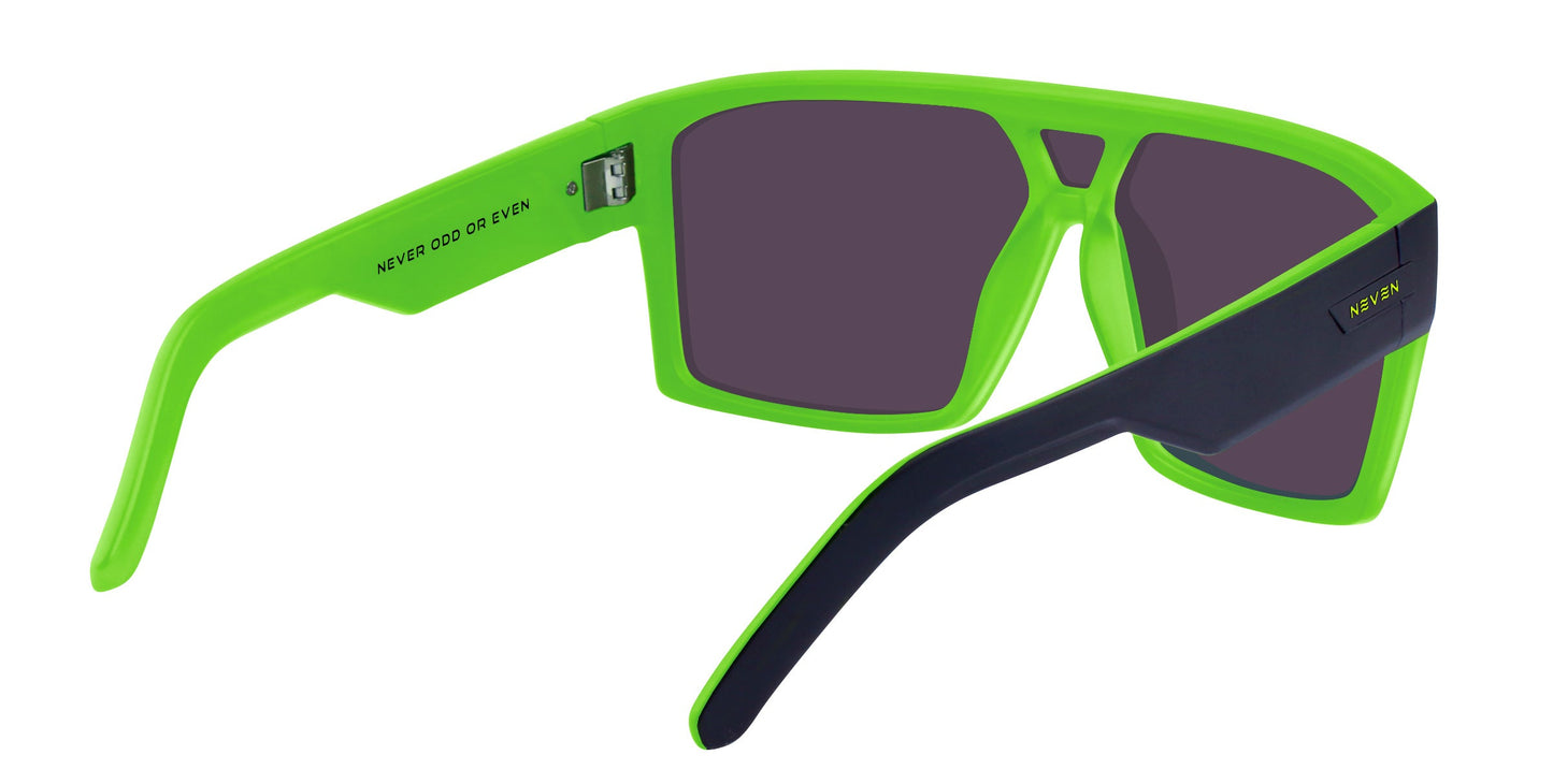 Neven Eyewear’s Tables sunglasses feature thick, neon green angular frames with polarized UV400 dark gray lenses. The left arm reads NEVER ODD OR EVEN inside; the right arm is black with a gold Neven logo.