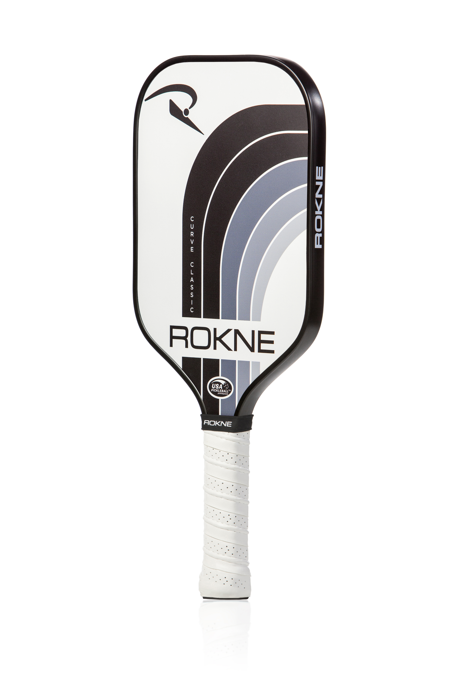 The ROKNE CURVE CLASSIC ORIGINAL pickleball paddle has a white face, black edges, and white grip with curved black, gray, and blue lines. The bold ROKNE logo and base mark sit above its PROGrit texture for enhanced performance.