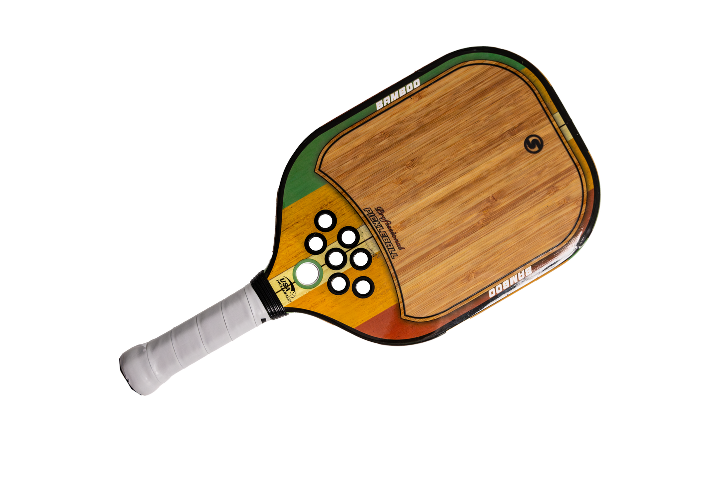 The SXY PKL Bamboo Pickleball Paddle by SEXY Brand features a wooden face with green, yellow, and red stripes near the handle, white grip tape, black trim, and PlayNeck Technology holes near the throat.