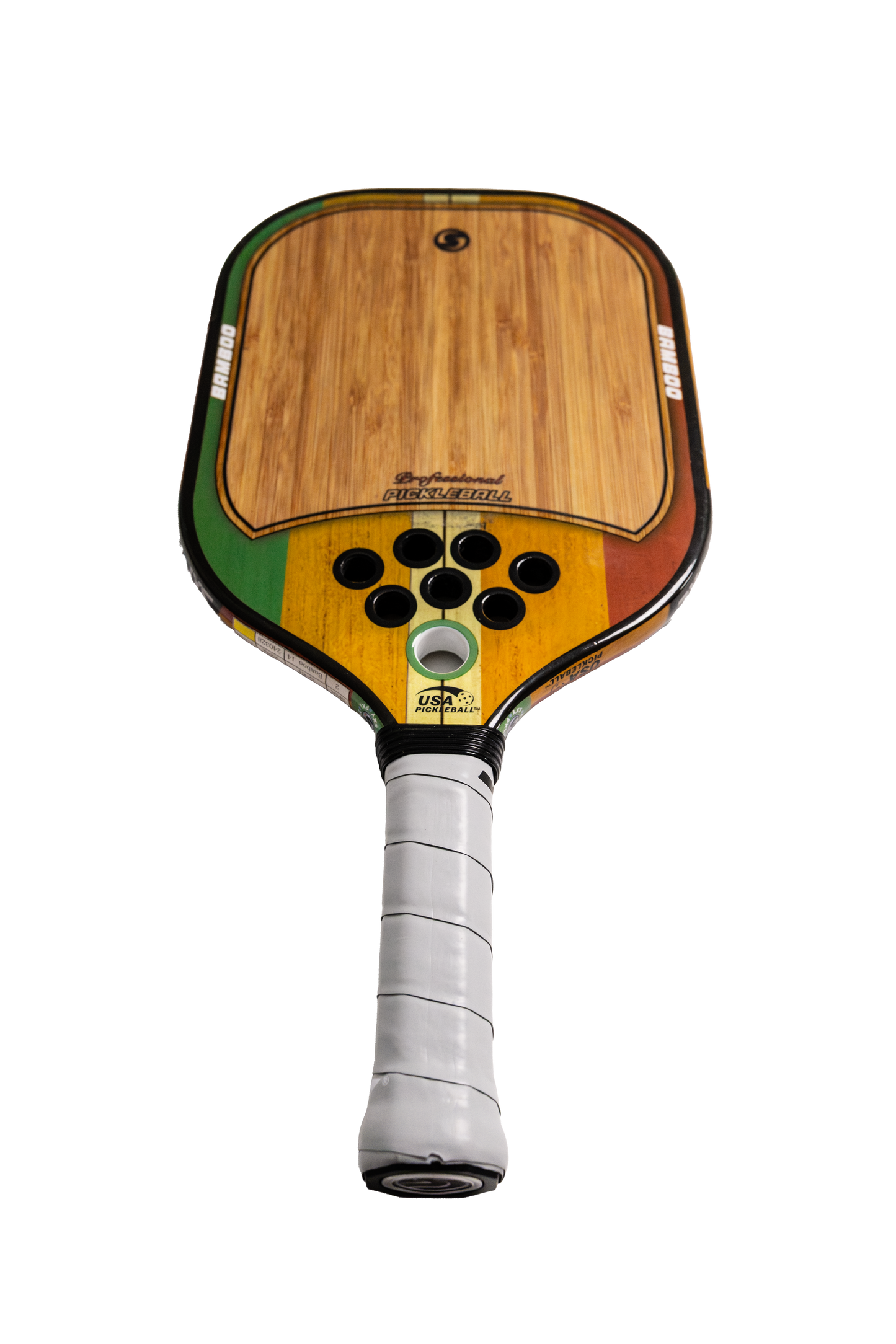 The SXY PKL Bamboo Pickleball Paddle by SEXY Brand features a wooden face, green, yellow, and orange striped edges, PlayNeck Technology, seven black holes by the handle, a white textured grip, and is shown on a plain white background.