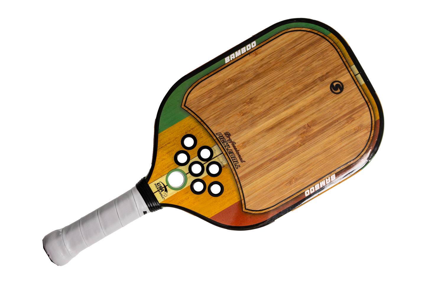 The SXY PKL Bamboo Pickleball Paddle by SEXY Brand features a bamboo wood face, rounded edges, a green/yellow/red border, and a white grip handle with black & white holes near the base for advanced PlayNeck Technology.