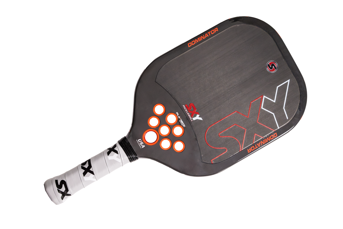 The SXY PKL Dominator Pickleball Paddle by SEXY Brand is black with red accents, bold SXY lettering, a carbon fiber face, six orange circles, a white grip with black SXY logos, and DOMINATOR on the edge.