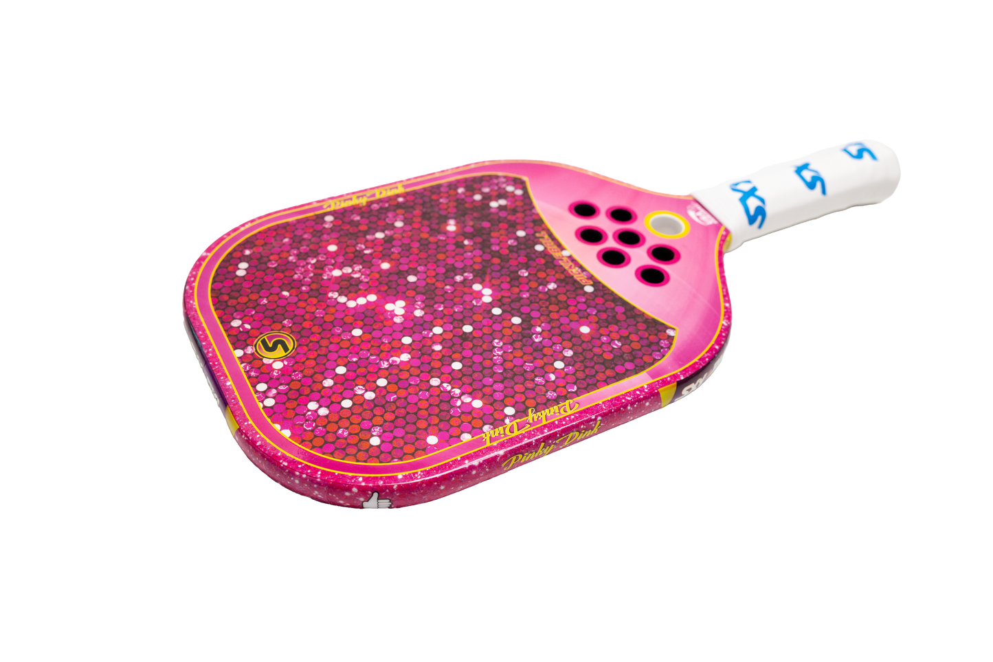 The SXY PKL Pinky Dink Pickleball Paddle by SEXY Brand features vibrant pink carbon fiber with a mosaic of pink hexagons, round holes near the center, and a white grip tape handle with blue logos, all set against a white background.