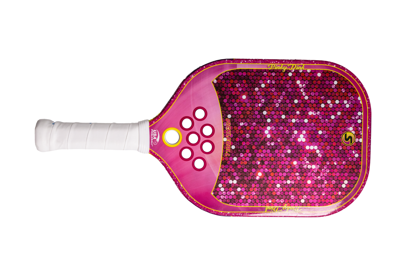 The SXY PKL Pinky Dink Pickleball Paddle by SEXY Brand features a carbon fiber build, white handle, vibrant pink sequin-style face, gold trim, PlayNeck Technology, and six circular throat holes for a playful look.
