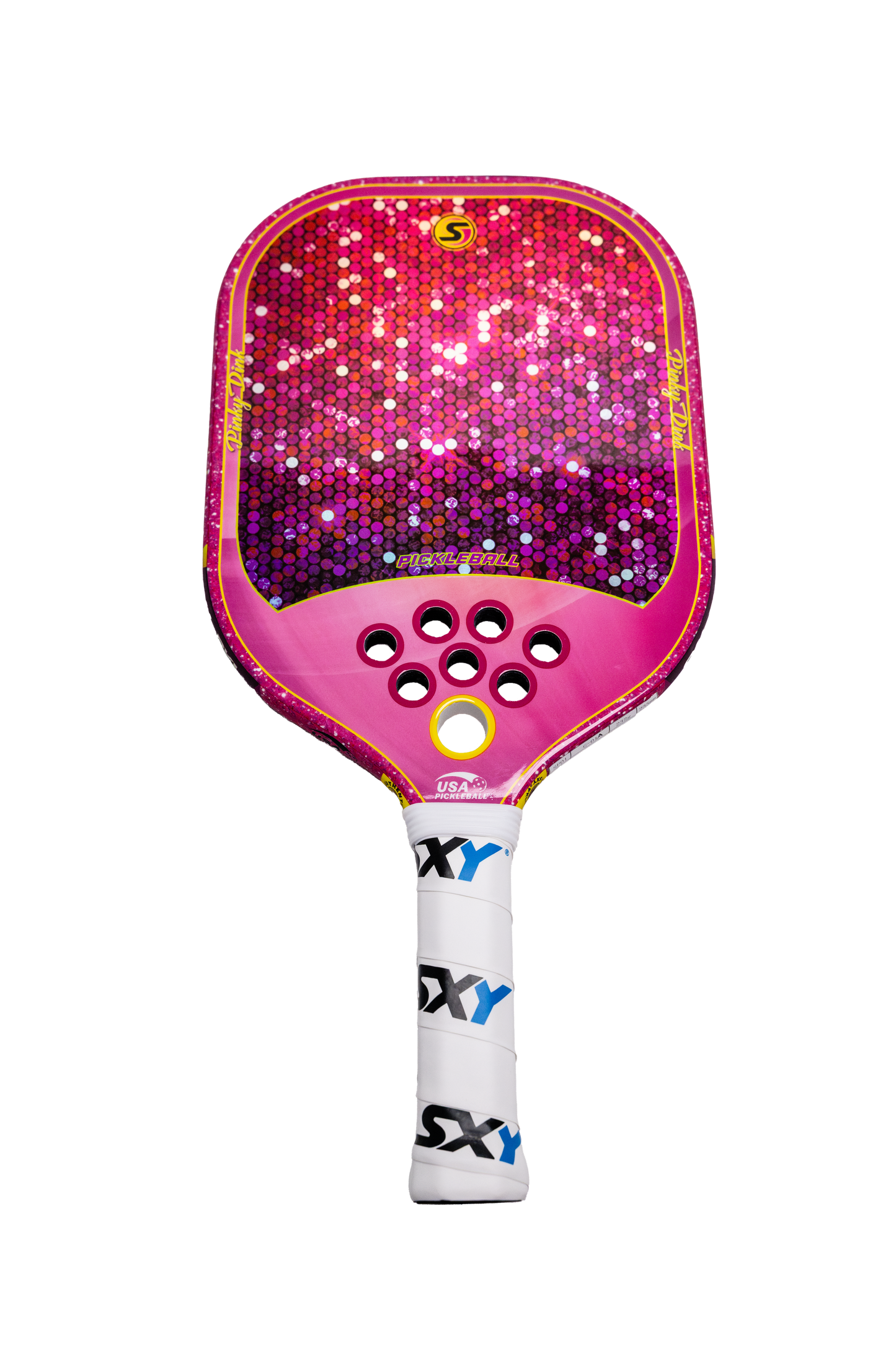 The SXY PKL Pinky Dink Pickleball Paddle by SEXY Brand features a sparkly pink, sequin-like carbon fiber face, three rows of holes, and a white grip handle with black and blue SXY branding. Shown on a plain white background.