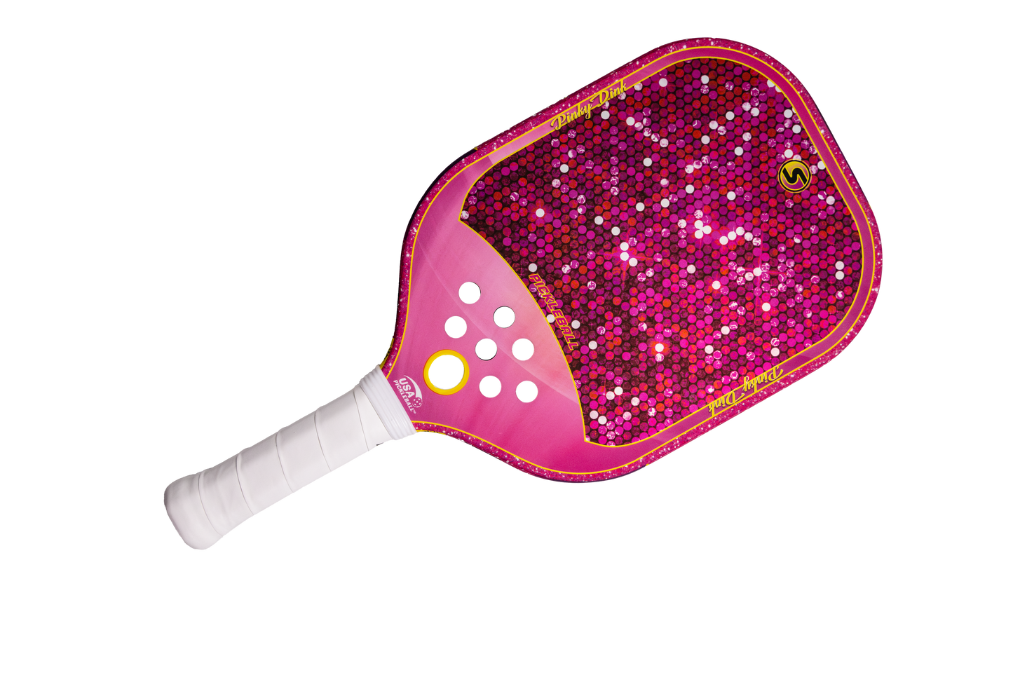 The SXY PKL Pinky Dink Pickleball Paddle by SEXY Brand features PlayNeck Technology, a white grip, bright pink sequin-like face, gold-trimmed rounded rectangular design, decorative white holes near the neck, and a plain white background.