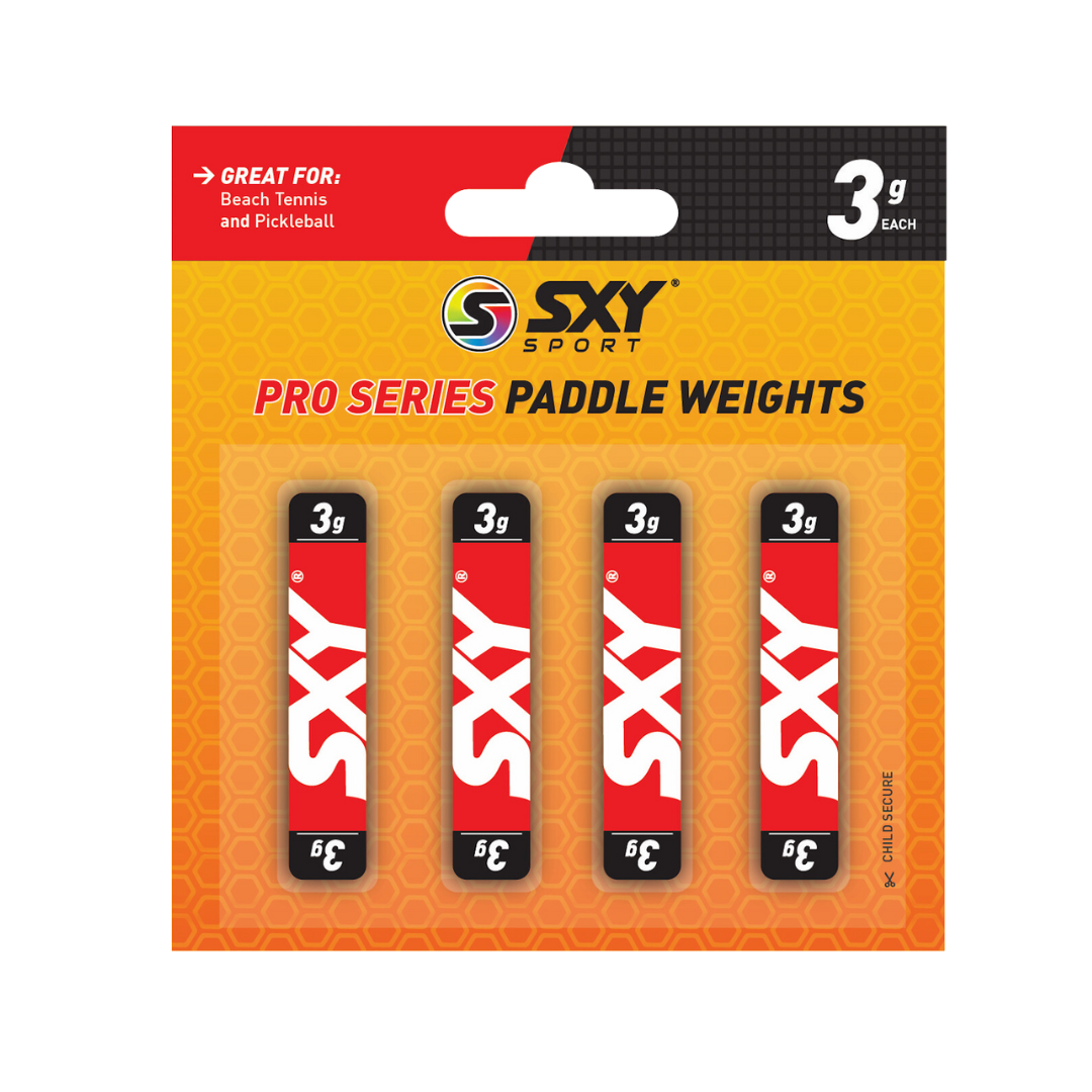 A package labeled "SXY Pro Series Paddle Weights" by SEXY Brand contains four black and red 3g weights for customizing paddle setup or balance, ideal for beach tennis and pickleball, with orange hexagonal packaging.