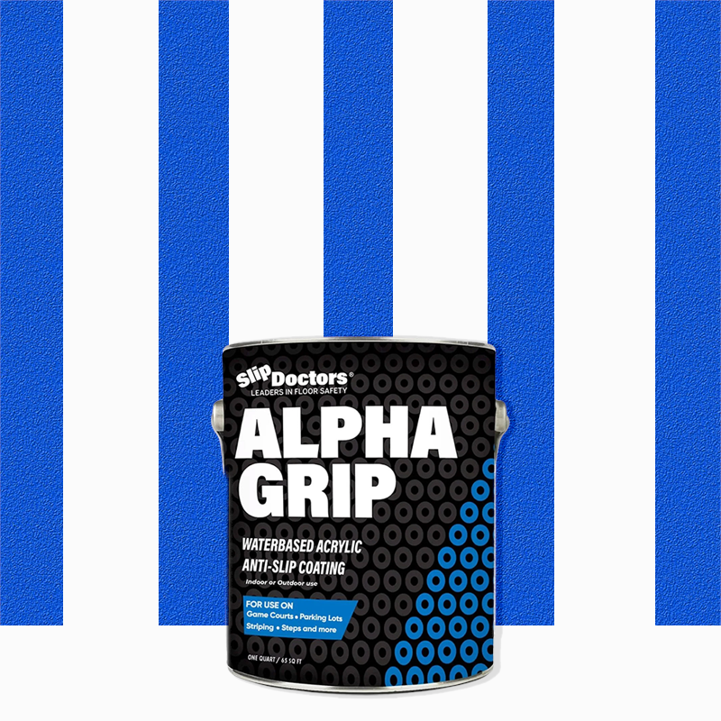 A can of SlipDoctors Alpha Grip Non-Slip Stripe and Athletic Court Paint stands centered before alternating vertical blue and white textured stripes, displaying a label with bold white and blue text and circular patterns.