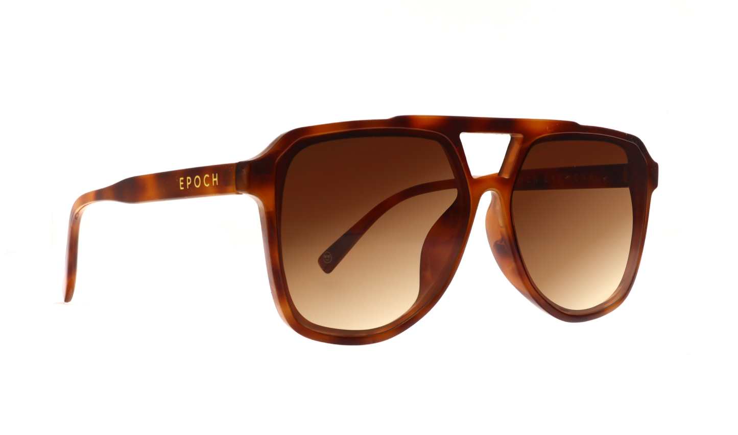 San Juan sunglasses by Epoch Eyewear feature a thick, angular tortoiseshell frame, gradient lenses, and a unique straight bridge. "Epoch" is printed in gold on the left temple, making these stylish shades pop against a plain white background.